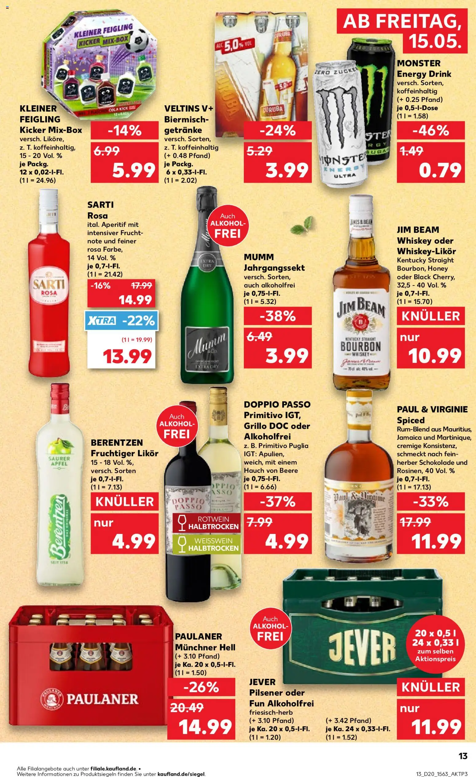 Kaufland Prospekt Kiel	 – gültig ab 15.05.2026 | Seite: 13 | Produkte: Jim beam, Cola, Rotwein halbtrocken, Paulaner
