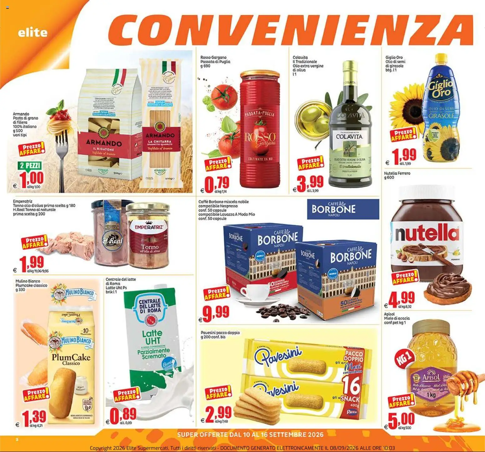 Volantino Elite Supermercati del 10/09/2026 | Pagina: 2 | Prodotti: Latte, Olio extra vergine, Lavazza, Borbone