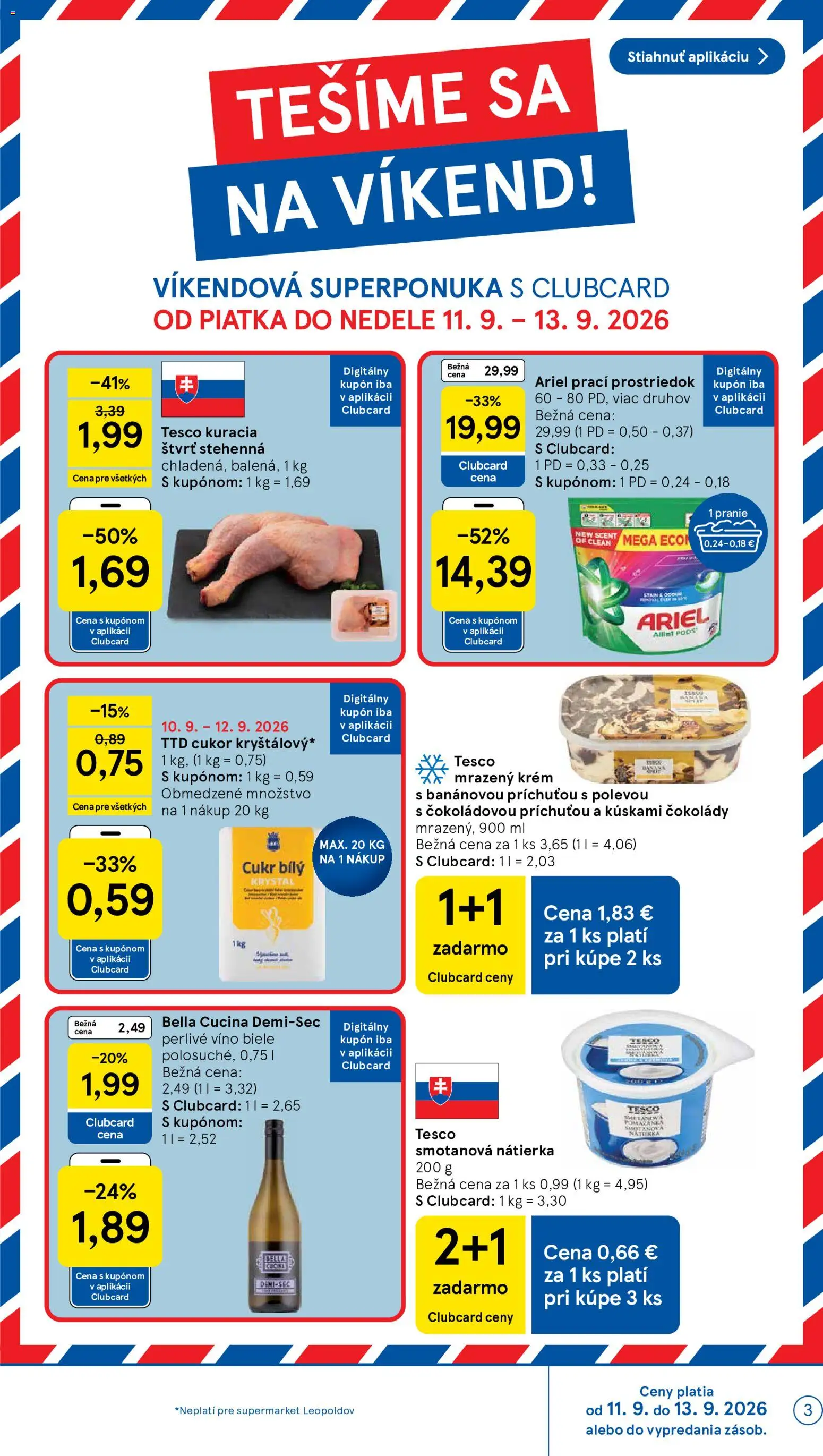 Nové Tesco akcie – leták je platný od 09.09.2026 | Strana: 3 | Produkty: Nátierka, Cukor, Krém, Perlivé víno