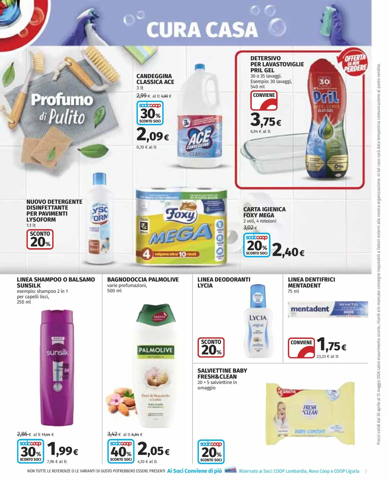 Volantino COOP del 30.04.2026 | Pagina: 7 | Prodotti: Shampoo, Candeggina, Lavastoviglie, Profumo