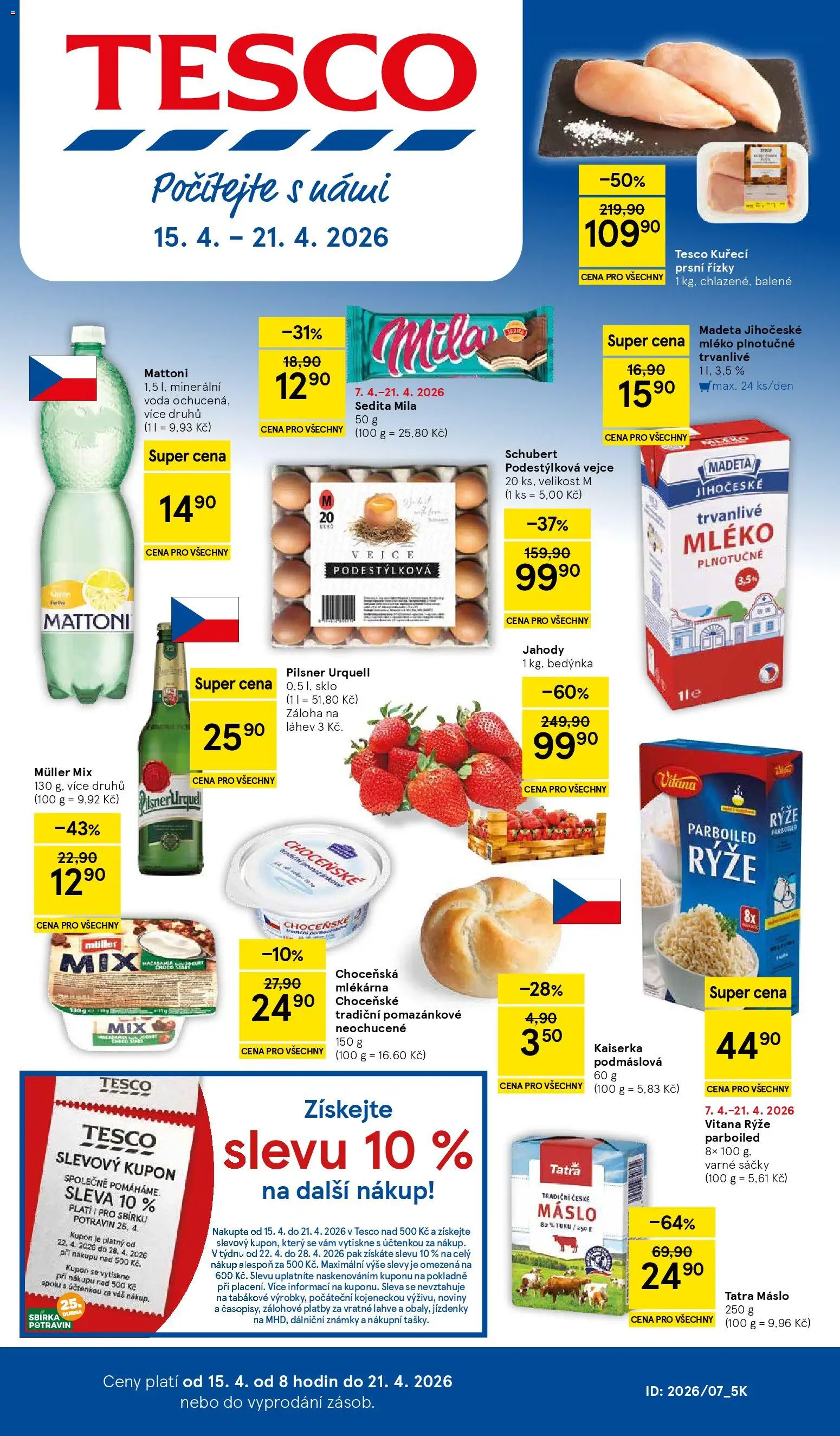 Tesco leták - Hypermarket od 15.04.2026 | Strana: 1 | Produkty: Mattoni, Pilsner, Kuřecí prsní řízky, Mila