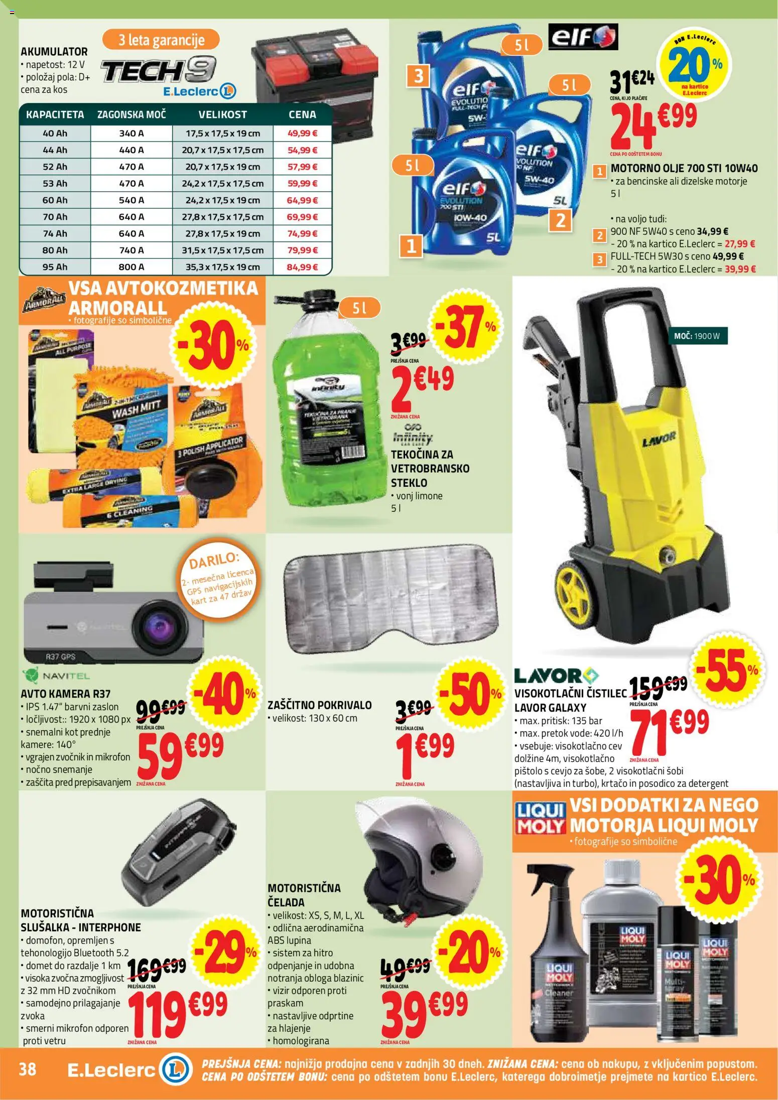 Novi E.leclerc katalog ponudbe – veljaven od 13.05.2026 | Stran: 38 | Izdelki: Kamera, Akumulator, Olje, Čelada