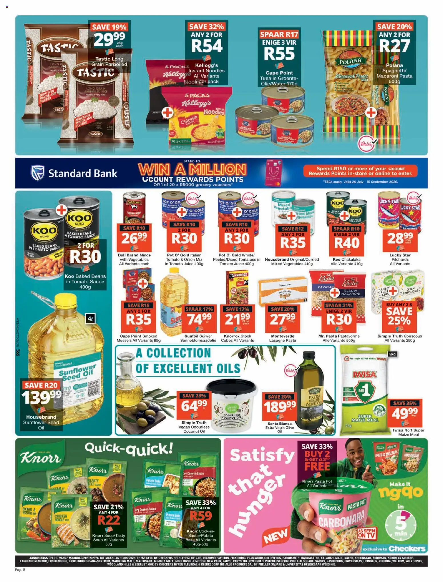 New Checkers catalogue – valid from 20/07/2026 | Page: 8 | Products: Tuna, Beans, Noodles, Stock