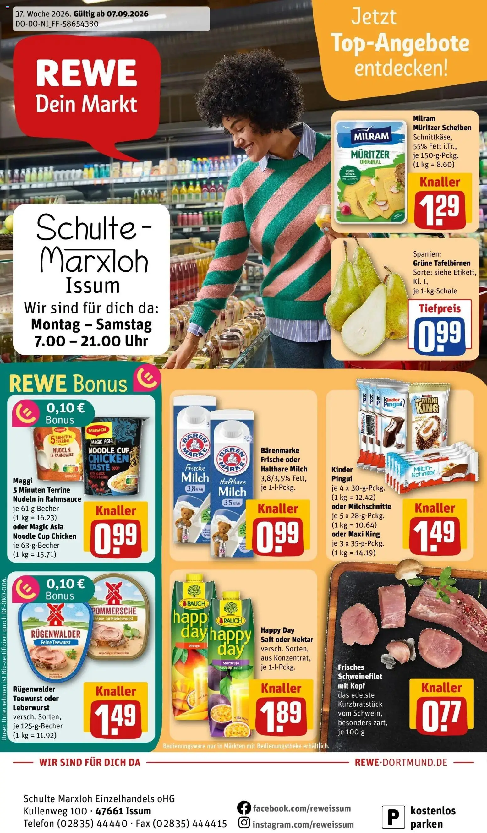 REWE Prospekt ab 07.09.2026 zum Blättern » Angebote | Seite: 1 | Produkte: Milch, Haltbare milch, Saft, Telefon