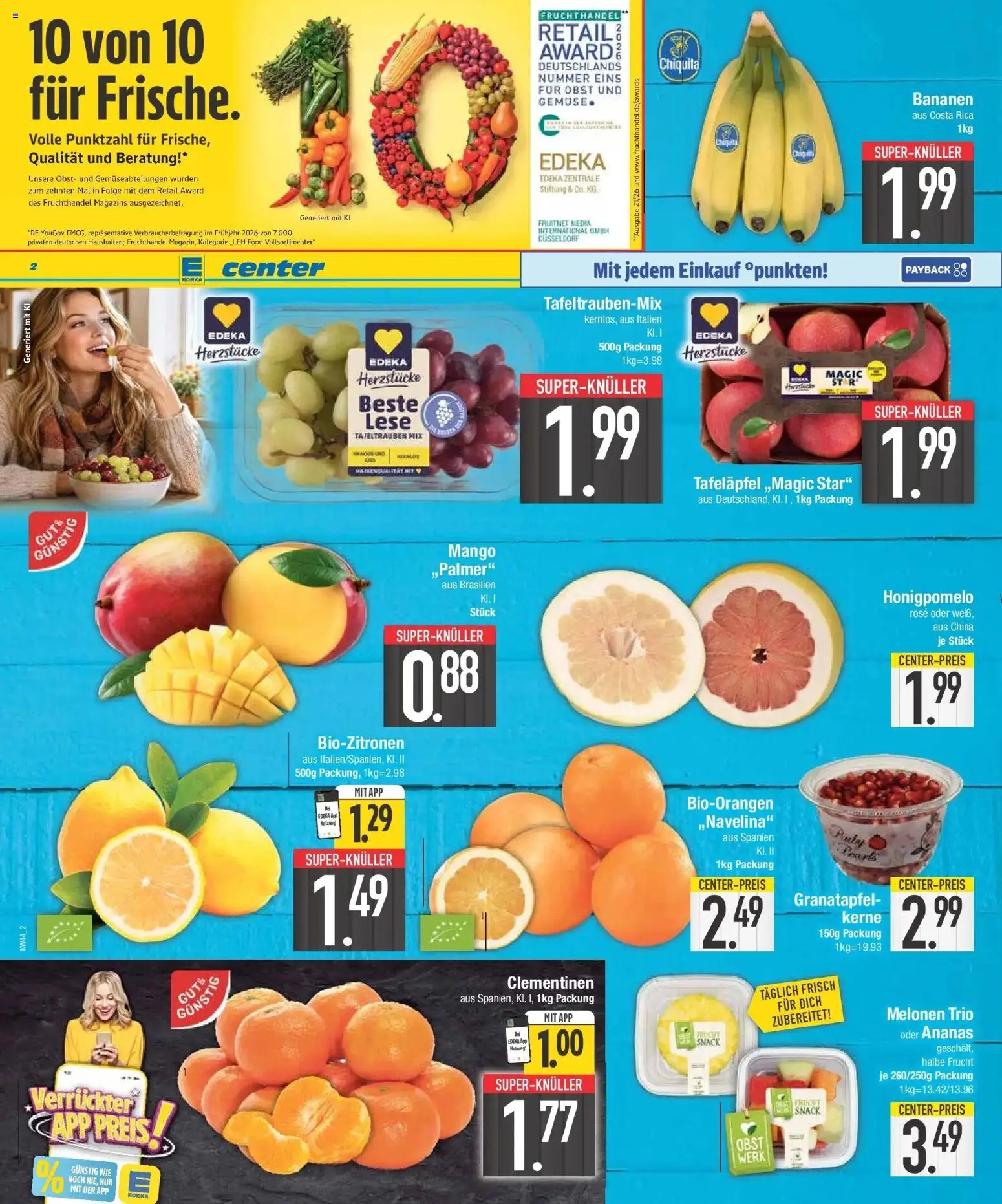 E center Prospekt Ottobrunn (ab 26.10.2026) zum Blättern | Seite: 2 | Produkte: Granatapfel, Bananen, Obst, Mango