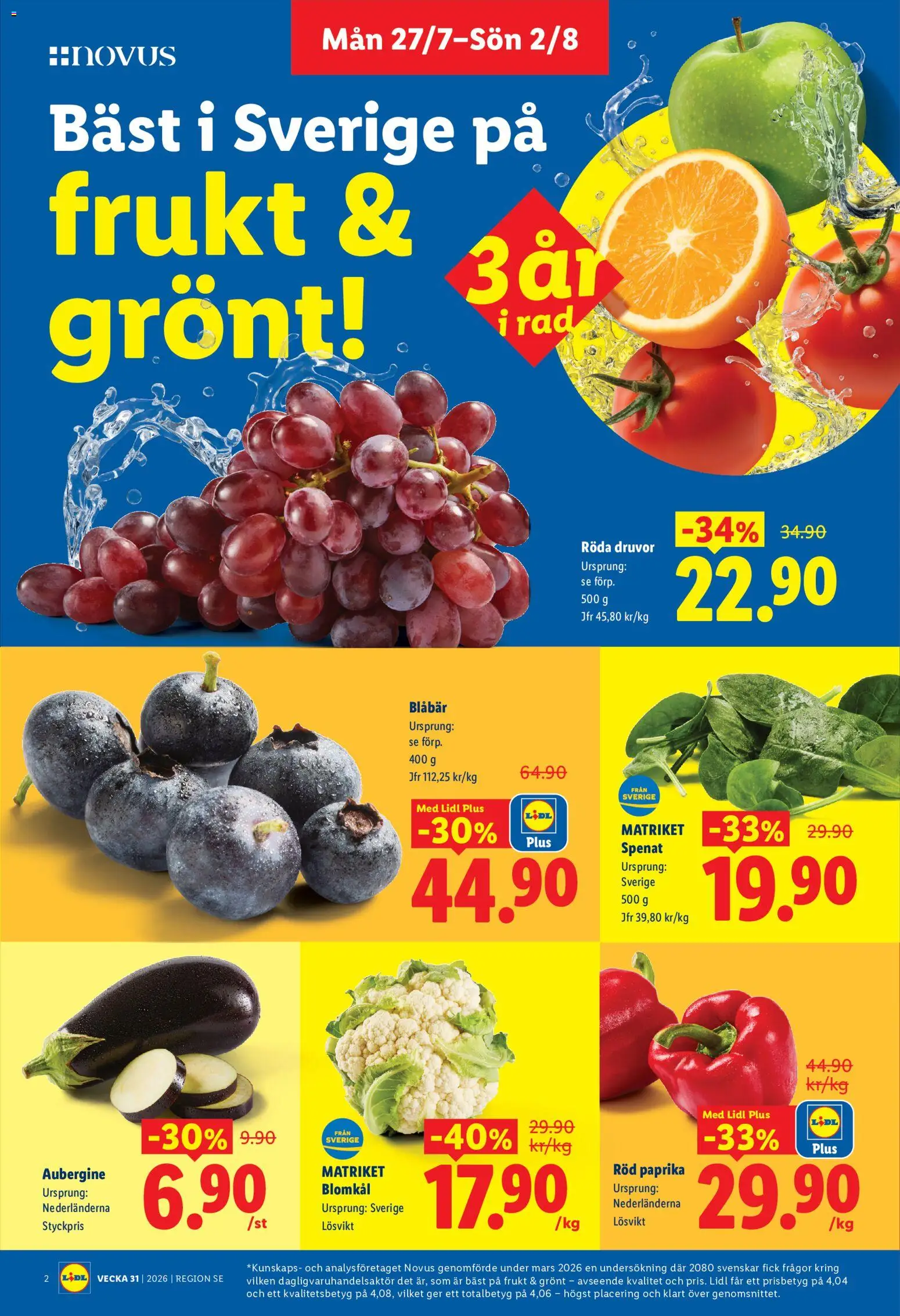 Lidl reklamblad aktuell från 27/07/2026 | Sida: 2 | Produkter: Spenat, Blomkål, Aubergine, Röd paprika