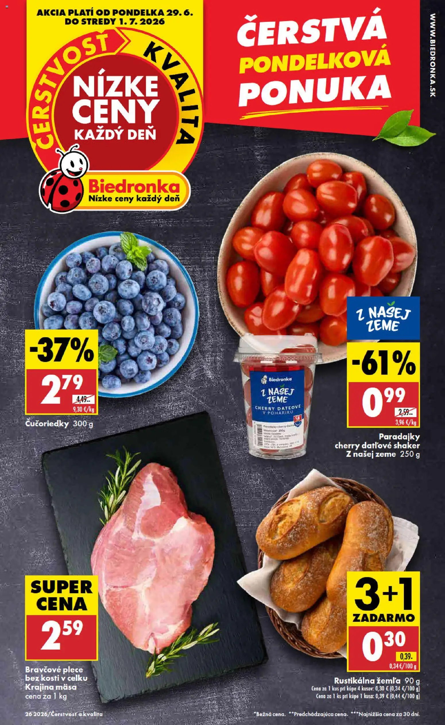 Nové Biedronka akcie – leták je platný od 29.06.2026 | Strana: 1 | Produkty: Paradajky, Bravčové plece, Čučoriedky