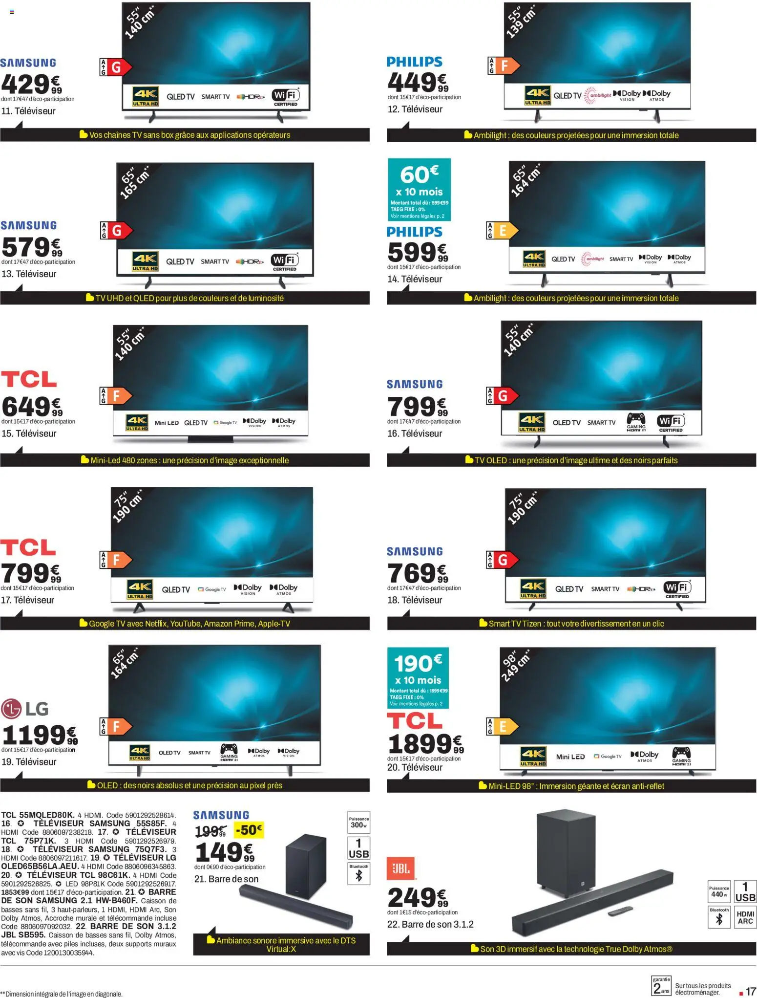 {H1} | Page: 17 | Produits: Televiseur, Barre de son, Télécommande, Piles