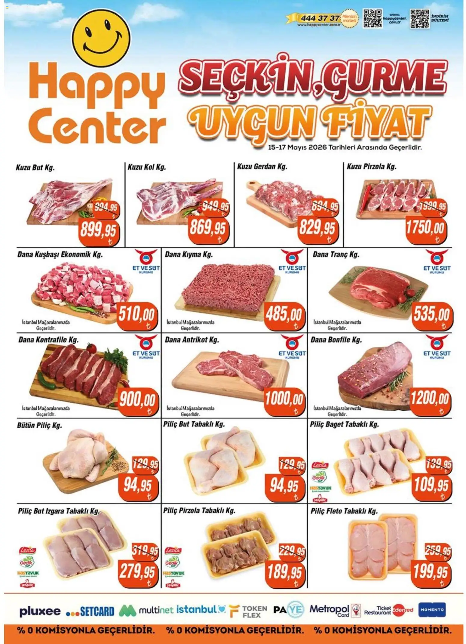 Happy Center - Kasap - 15.05.2026 tarihinden itibaren geçerlidir | Sayfa: 1 | Ürünler: Süt, Piliç, Dana kuşbaşı, Pirzola