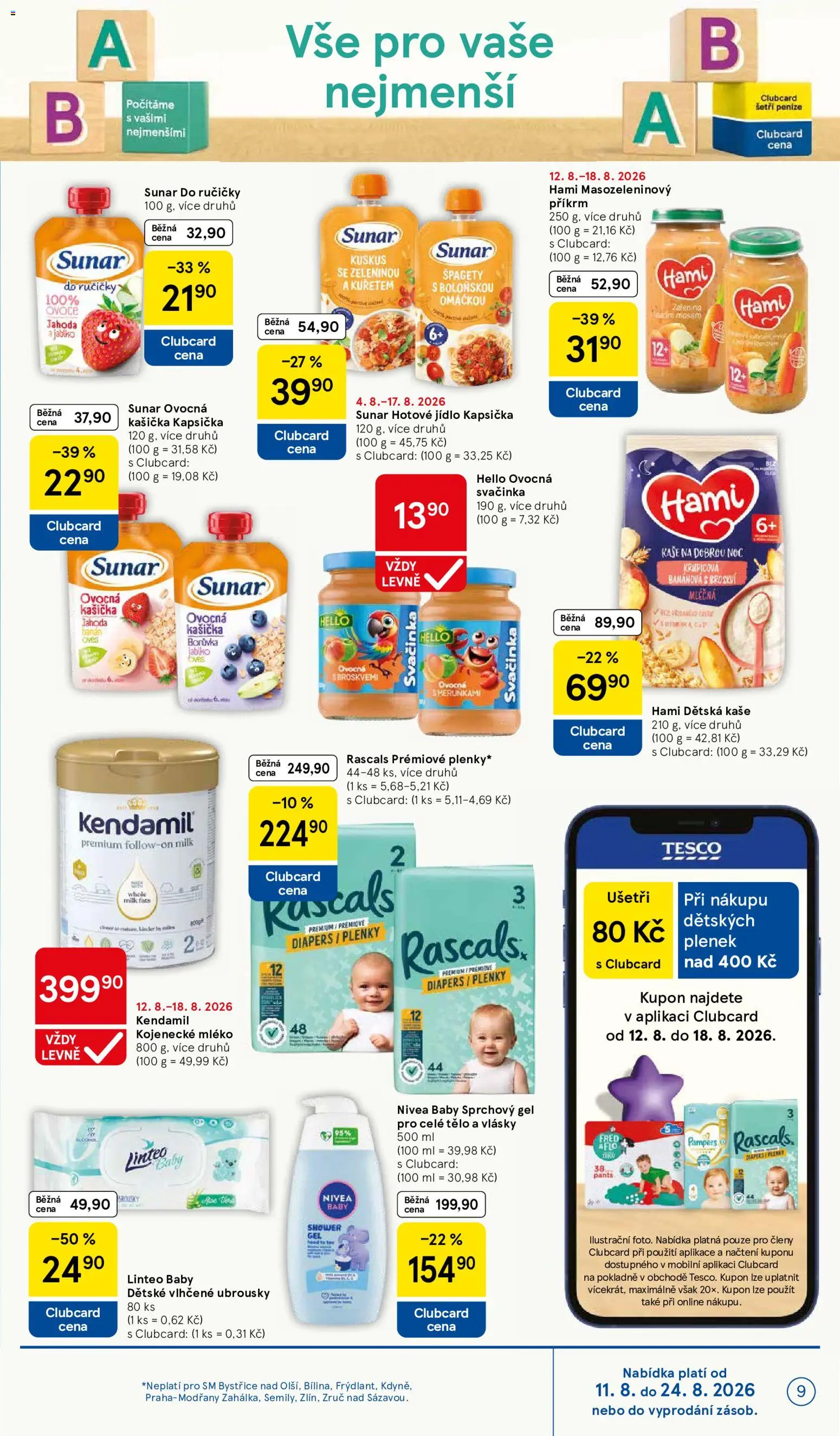 Tesco leták - Supermarket od 12.08.2026 | Strana: 9 | Produkty: Nivea, Sunar, Špagety, Příkrm