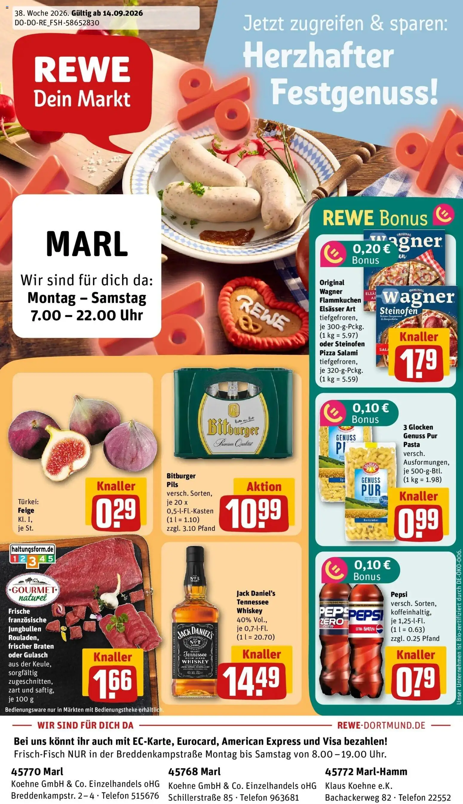 REWE Prospekt ab 14.09.2026 zum Blättern » Angebote | Seite: 1 | Produkte: Pils, Salami, Whiskey, Telefon