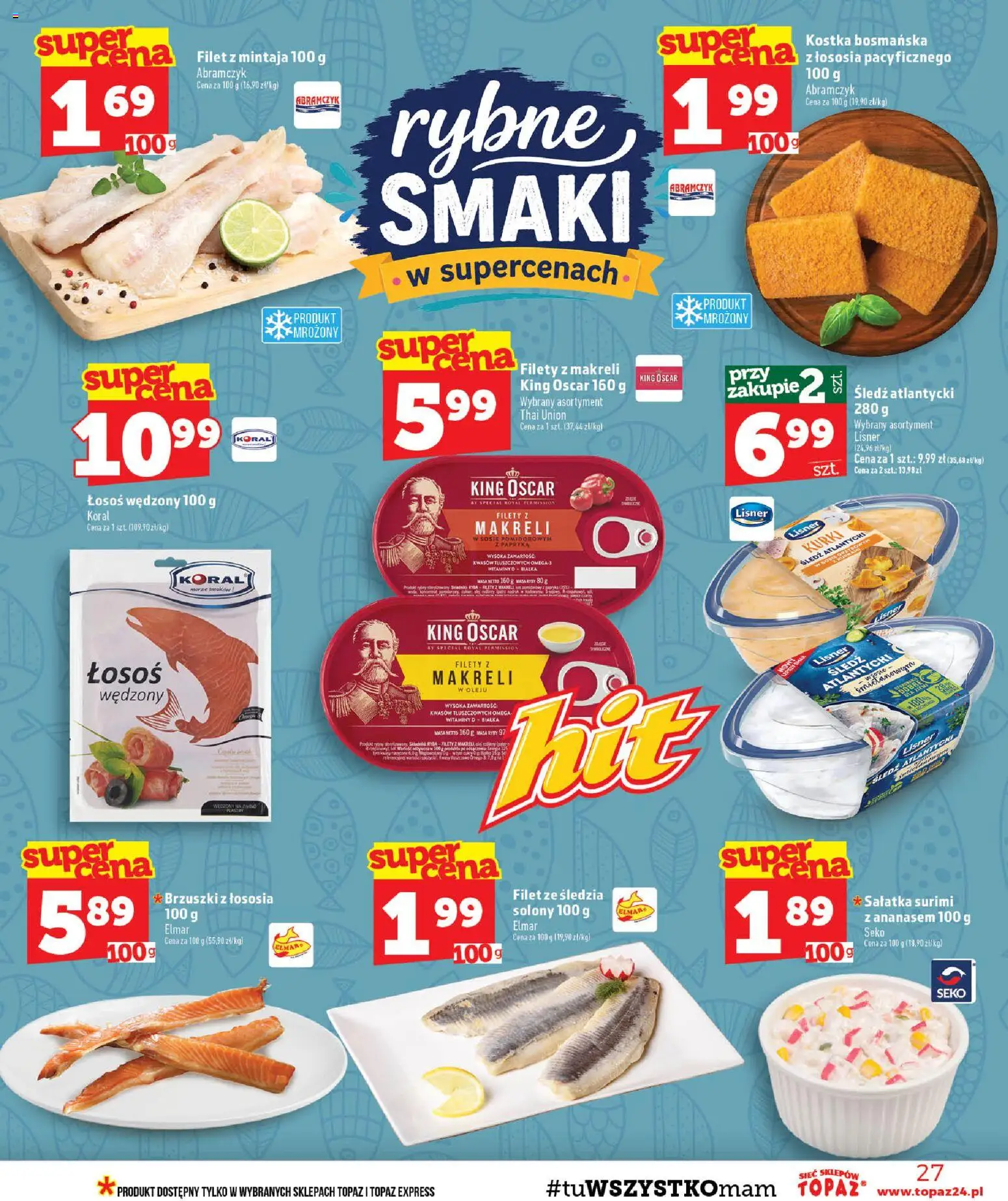 Topaz gazetka - MAZ od 24.09.2026 | Strona: 27 | Produkty: Łosoś wędzony, Filet, Ryby, Sałatka