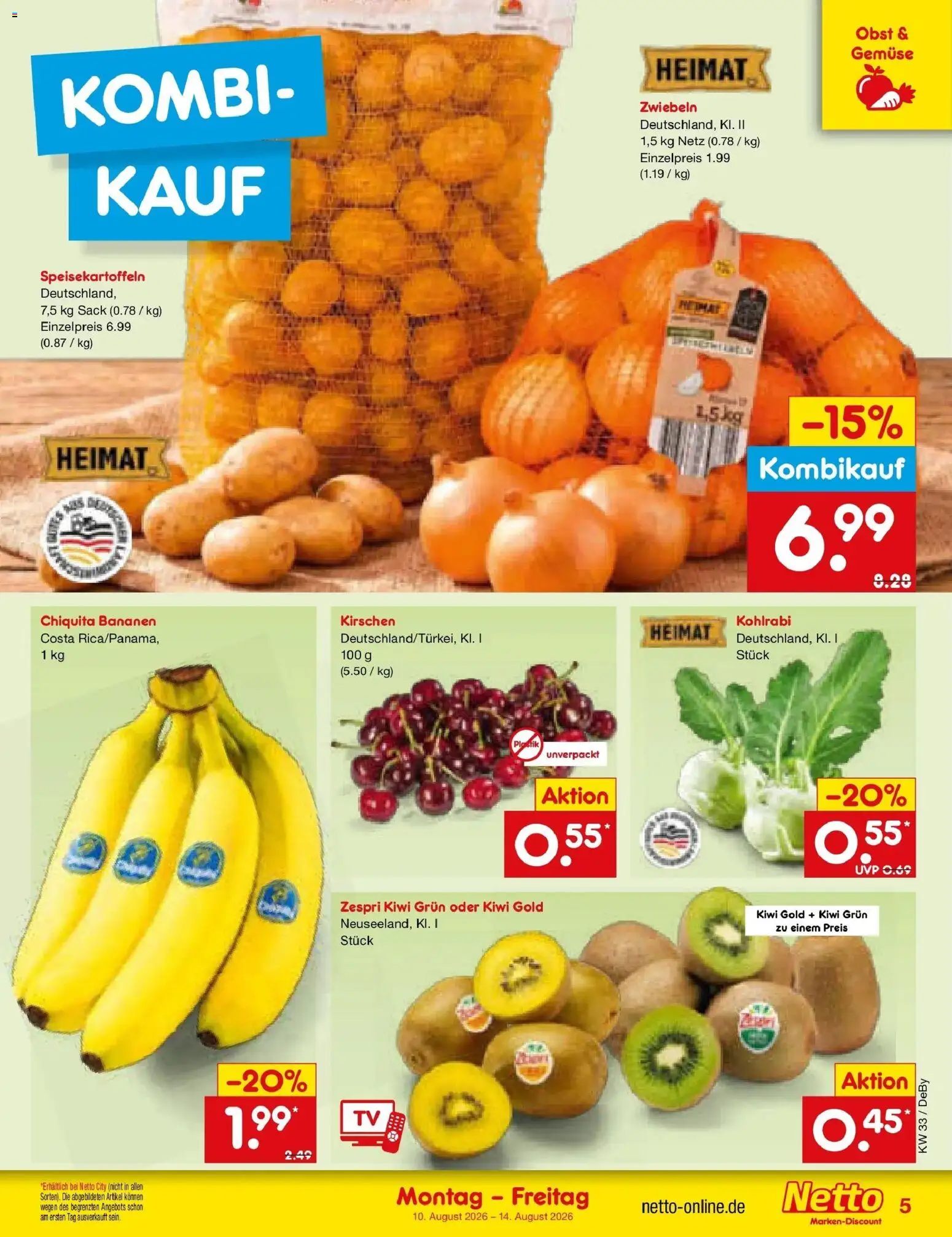 Netto Marken-Discount Prospekt Thierhaupten (ab 10.08.2026) » Angebote | Seite: 5 | Produkte: Kohlrabi, Bananen, Gemüse, Kiwi
