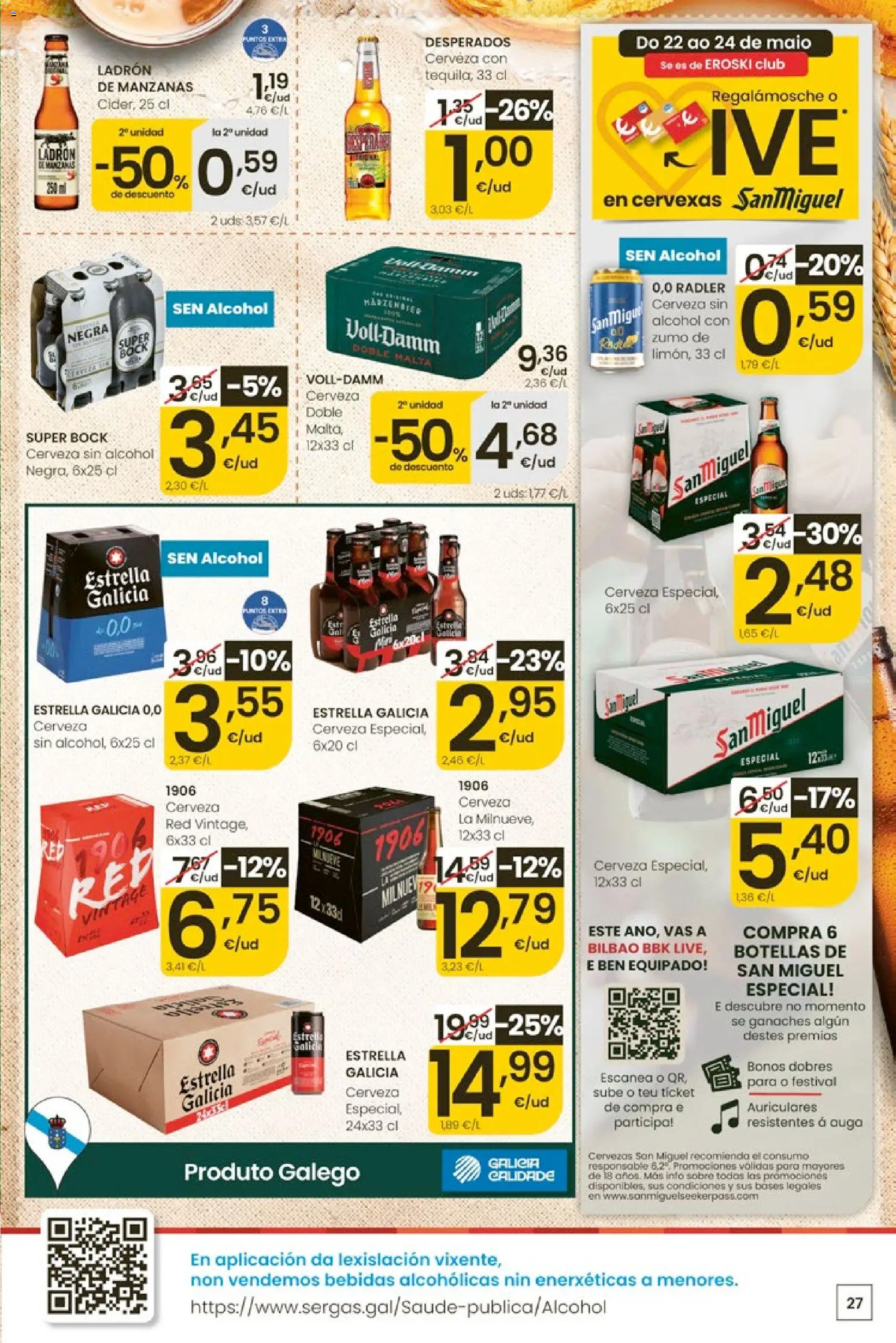 Eroski Quieres ahorrar conmigo │ válido desde el 14.05.2026 | Página: 27 | Productos: Cerveza sin alcohol, Ροζ πιπέρι, Auriculares, Παρμεζάνα