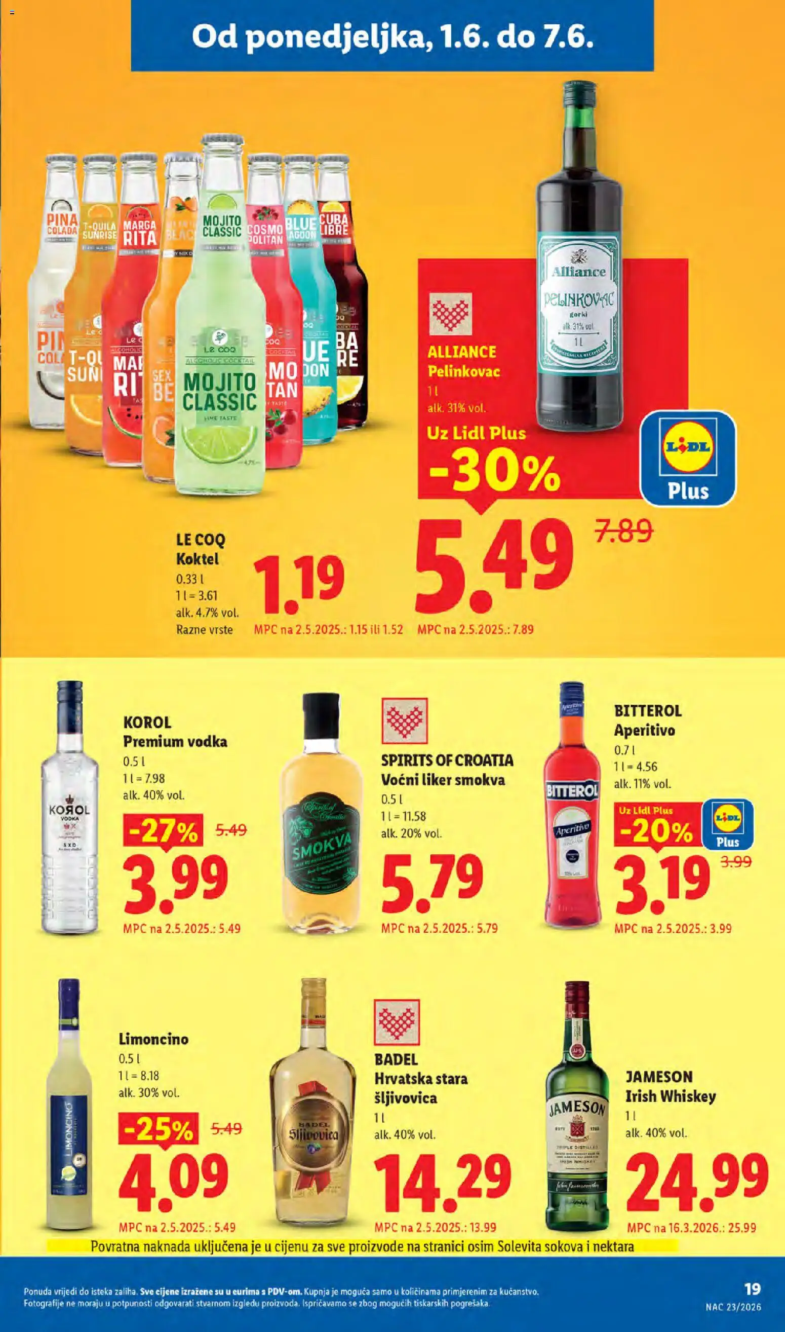 Lidl katalog | vrijedi od 01.06.2026 | Stranica: 19 | Proizvodi: Pelinkovac, Jameson, Liker, Vodka
