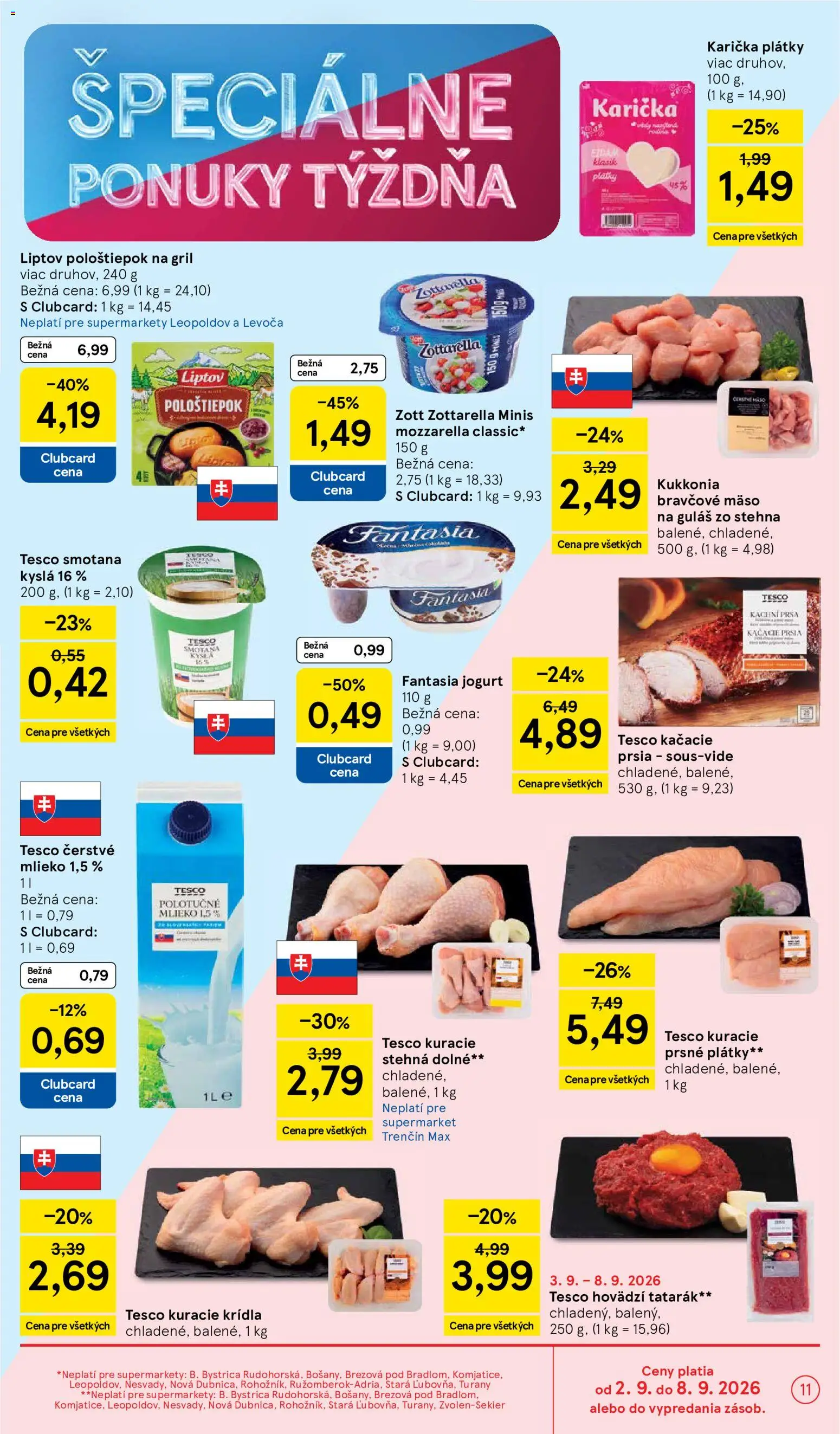 Nové Tesco akcie – leták je platný od 02.09.2026 | Strana: 11 | Produkty: Gril, Mlieko, Smotana, Hovädzí tatarák