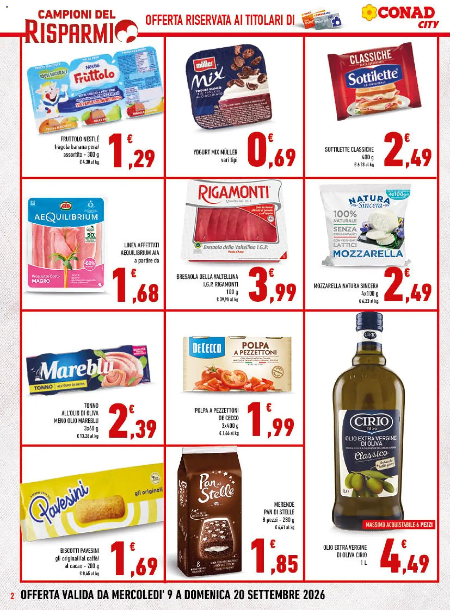 Volantino Conad del 09/09/2026 | Pagina: 2 | Prodotti: Yogurt, De Cecco, Olio extra vergine, Cacao