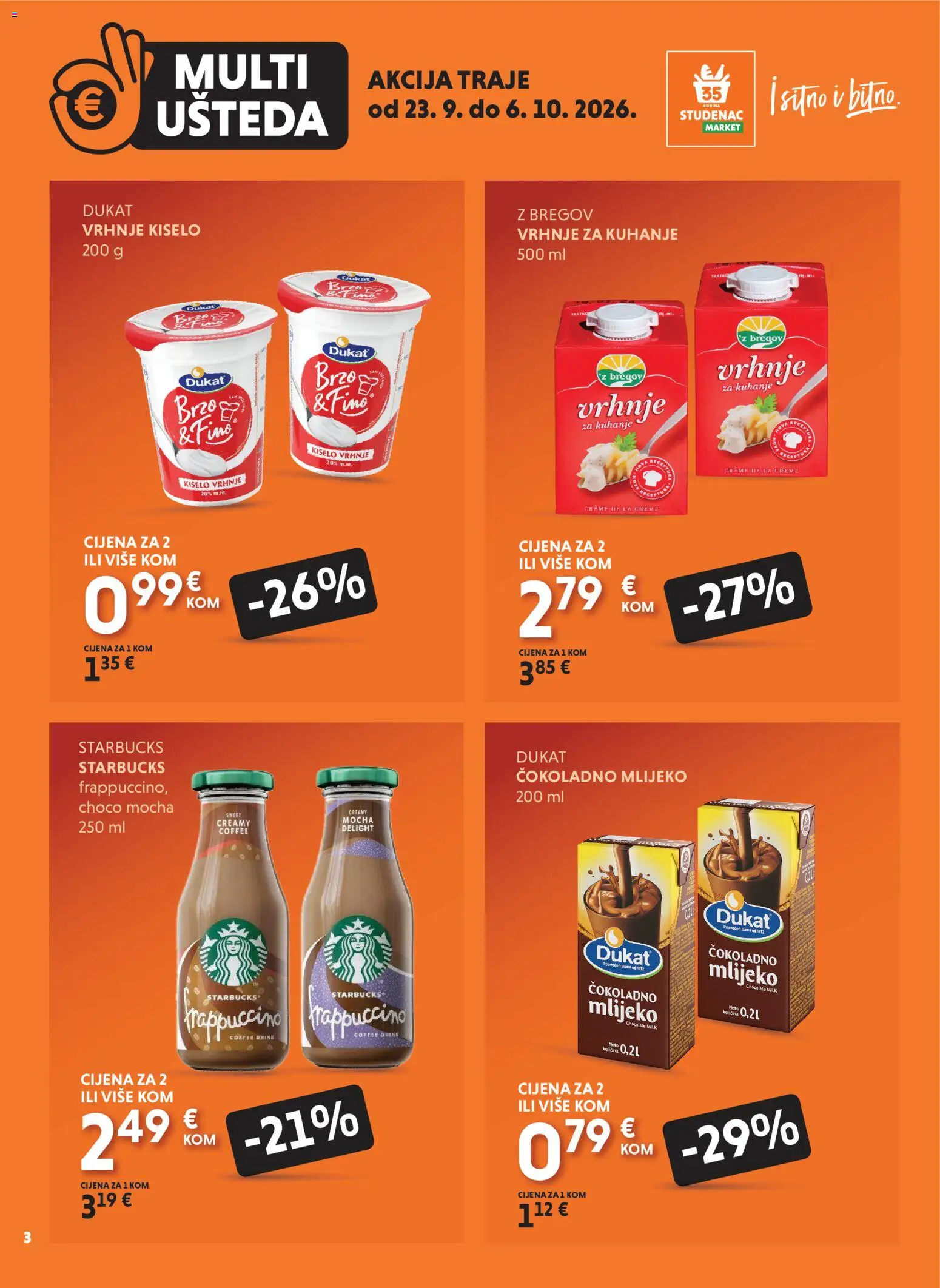 Studenac katalog | vrijedi od 23.09.2026 | Stranica: 3 | Proizvodi: Vrhnje za kuhanje, Mlijeko, Cokoladno mlijeko, Kiselo vrhnje