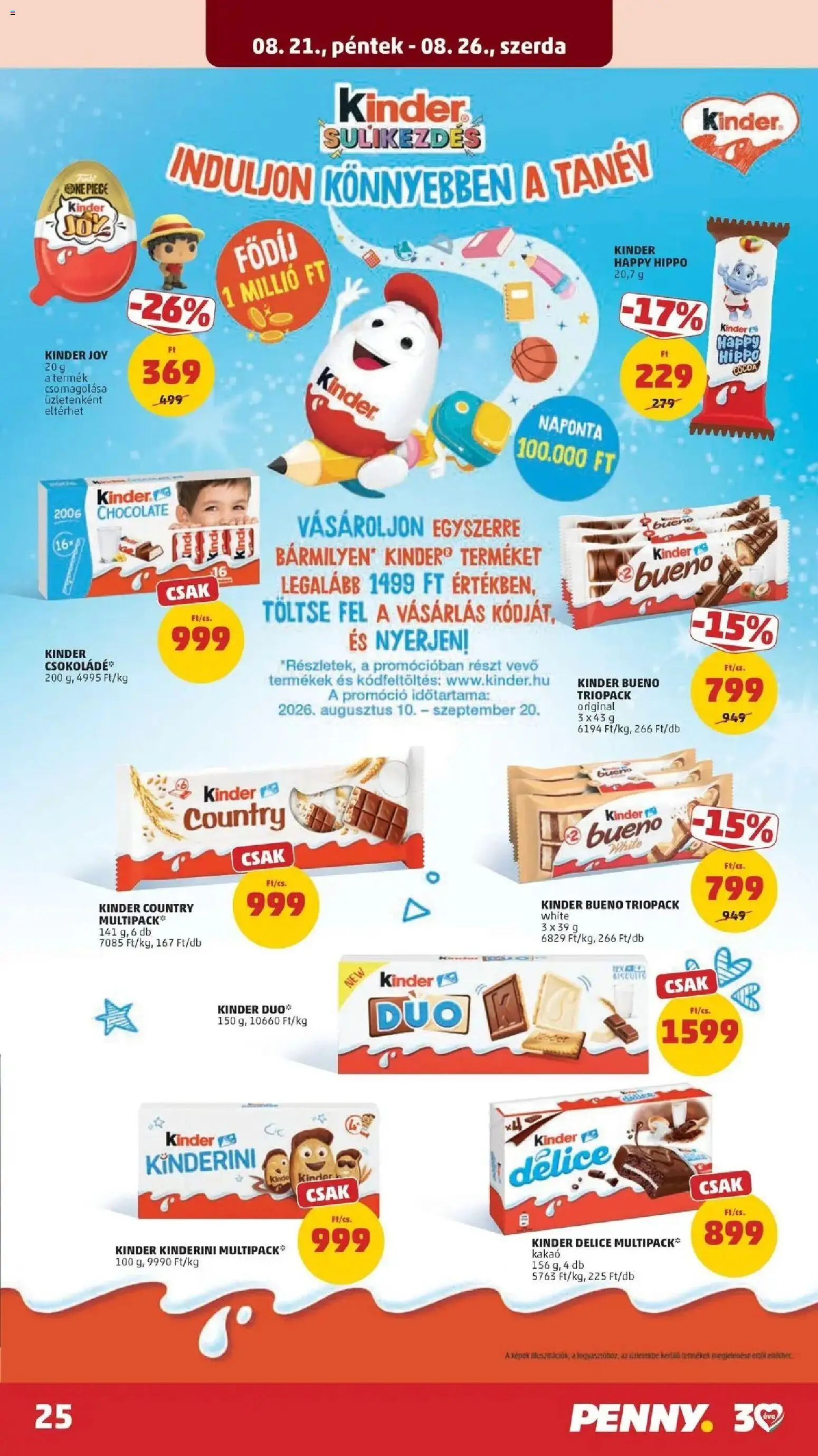 PENNY aktuális akciós újság: 2026.08.21.-tól lapozható | Oldal: 25 | Termékek: Kinder Bueno, Kakaó, Kinder