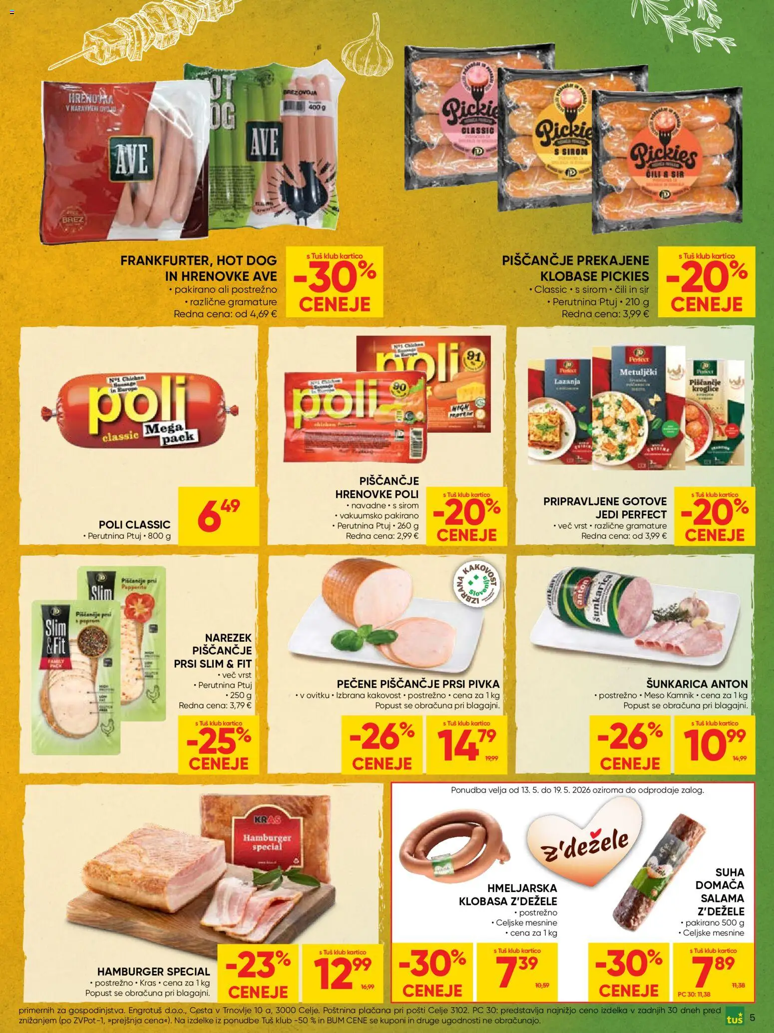 Novi Tuš katalog ponudbe – veljaven od 13.05.2026 | Stran: 5 | Izdelki: Sir, Salama, Lazanja, Klobase