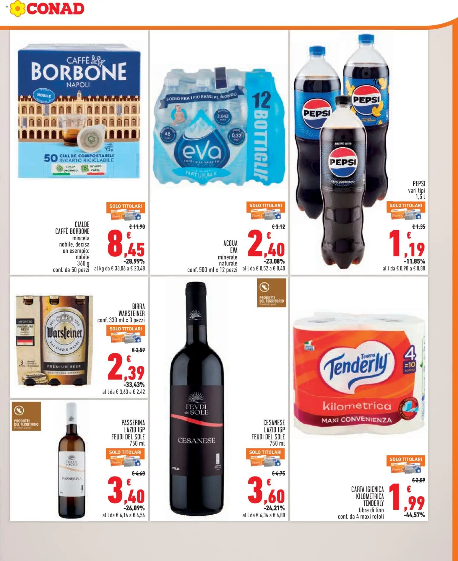 Volantino Conad del 19/08/2026 | Pagina: 7 | Prodotti: Carta igienica, Caffè, Birra Warsteiner, Borbone