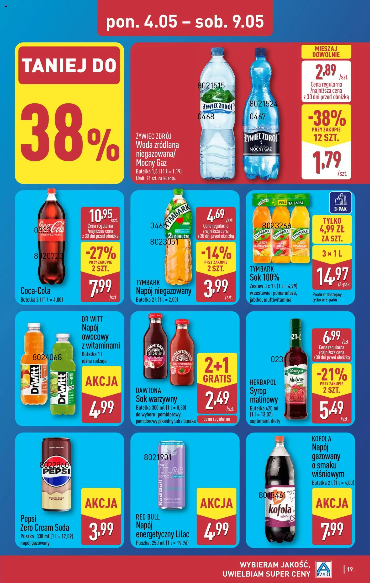 Aldi gazetka od 04.05.2026 | Strona: 19 | Produkty: Syrop, Woda źródlana, Sok, Sok warzywny