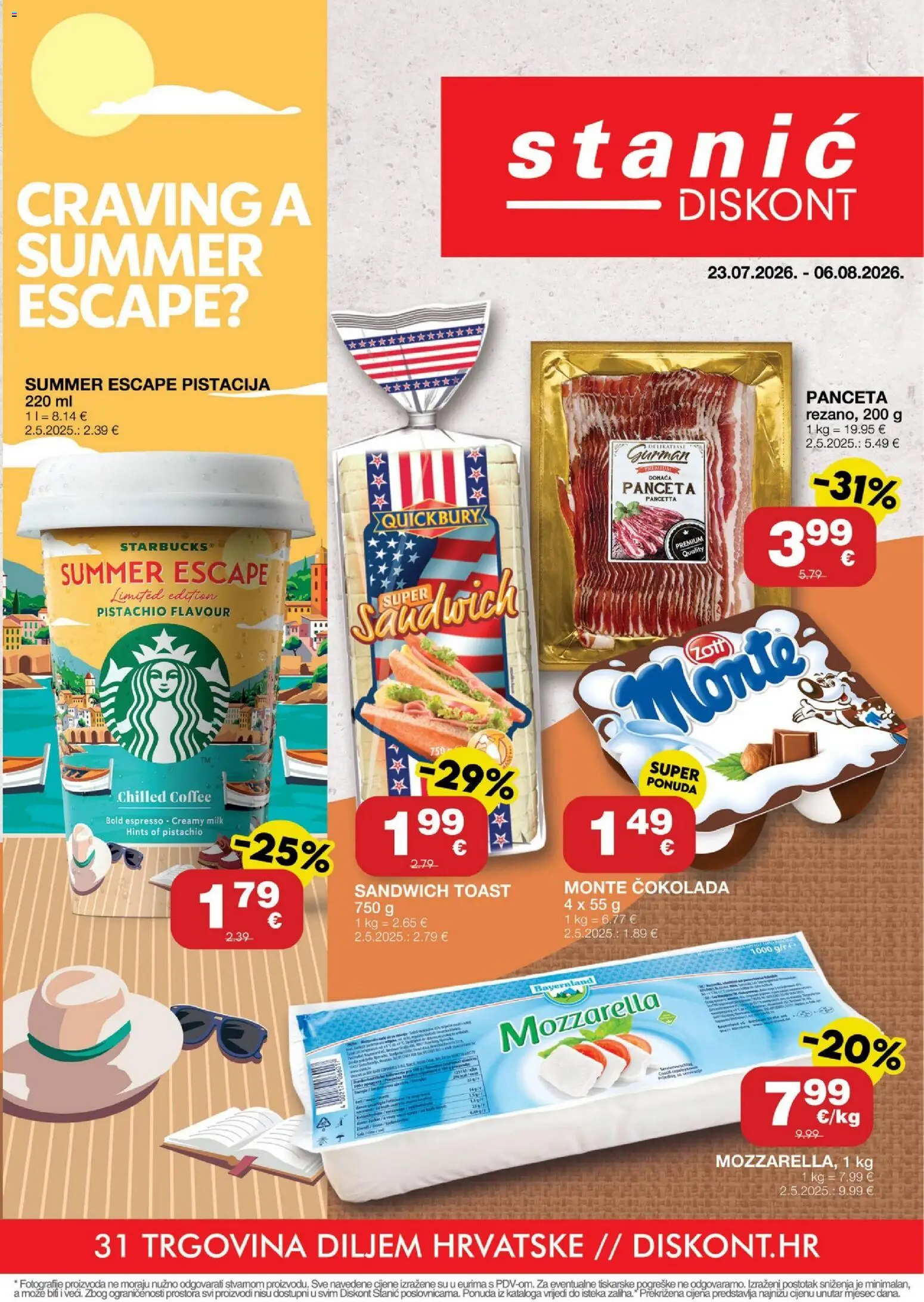 Stanić Diskont katalog | vrijedi od 23.07.2026 | Stranica: 1 | Proizvodi: Mozzarella, Čokolada, Toast, Panceta
