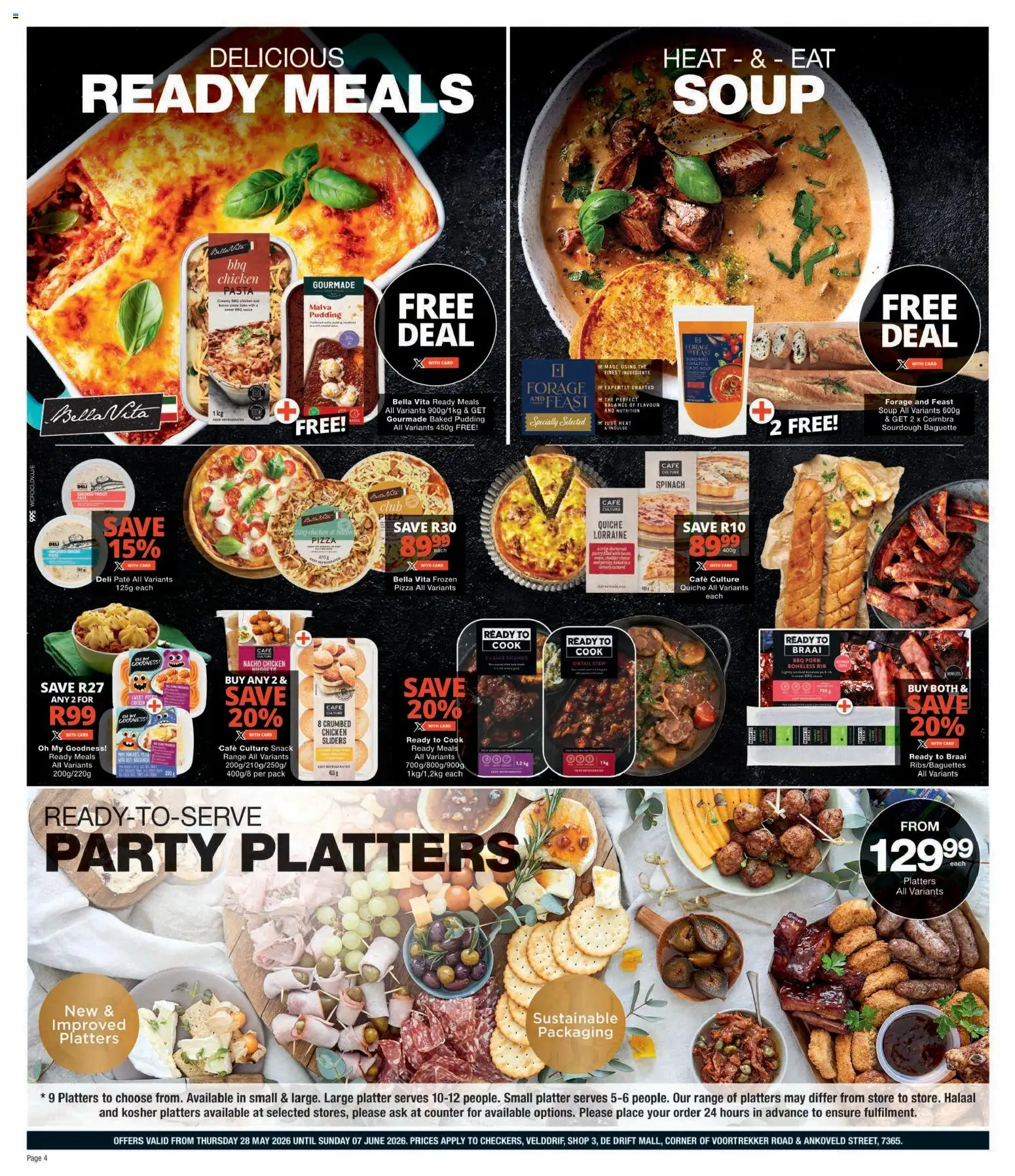 New Checkers catalogue – valid from 28.05.2026 | Page: 4 | Products: Platter, Pizza, Chicken, Soup