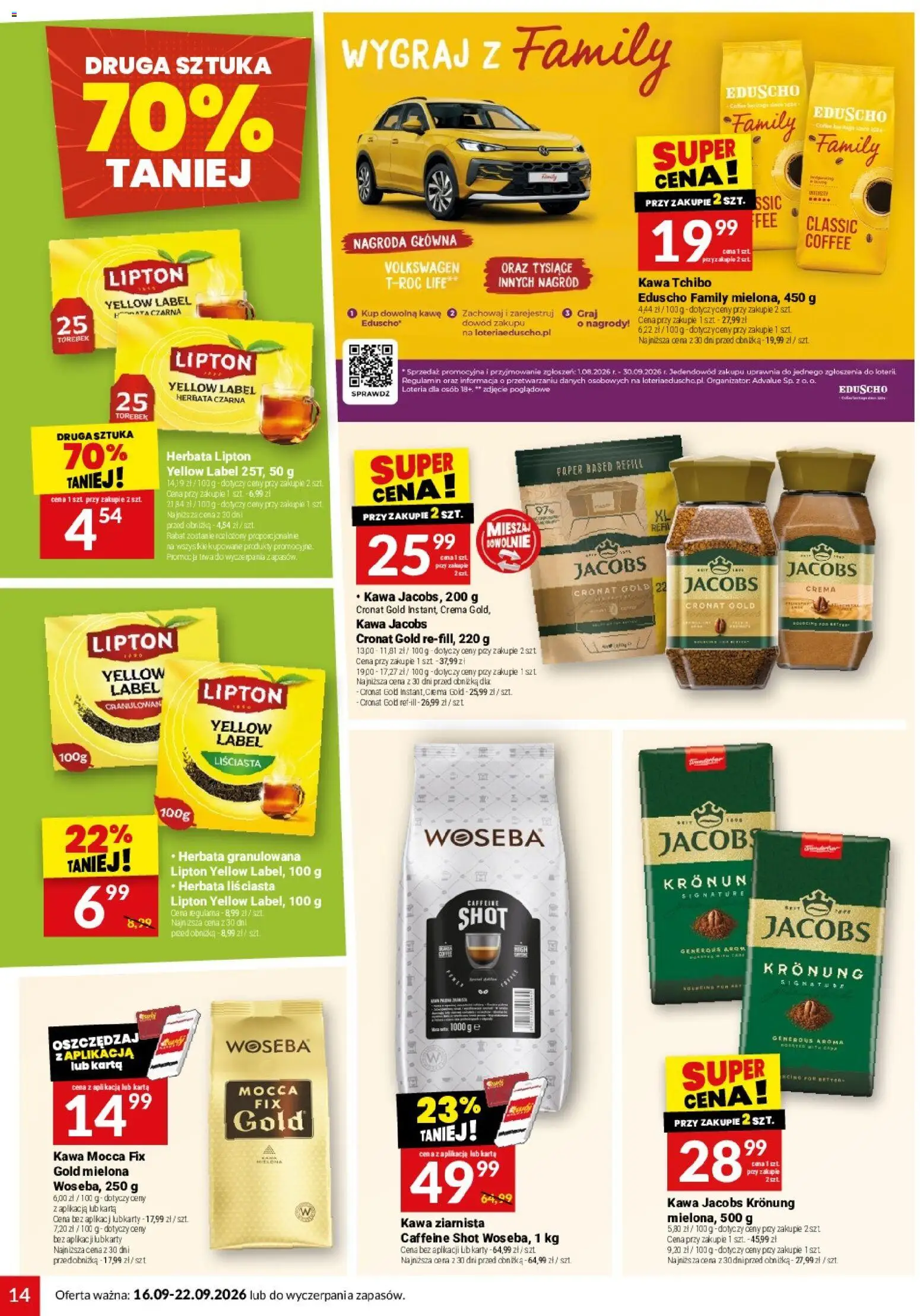 Twój Market gazetka od 16.09.2026 | Strona: 14 | Produkty: Kawa jacobs, Kawa ziarnista, Kawa jacobs krönung, Herbata
