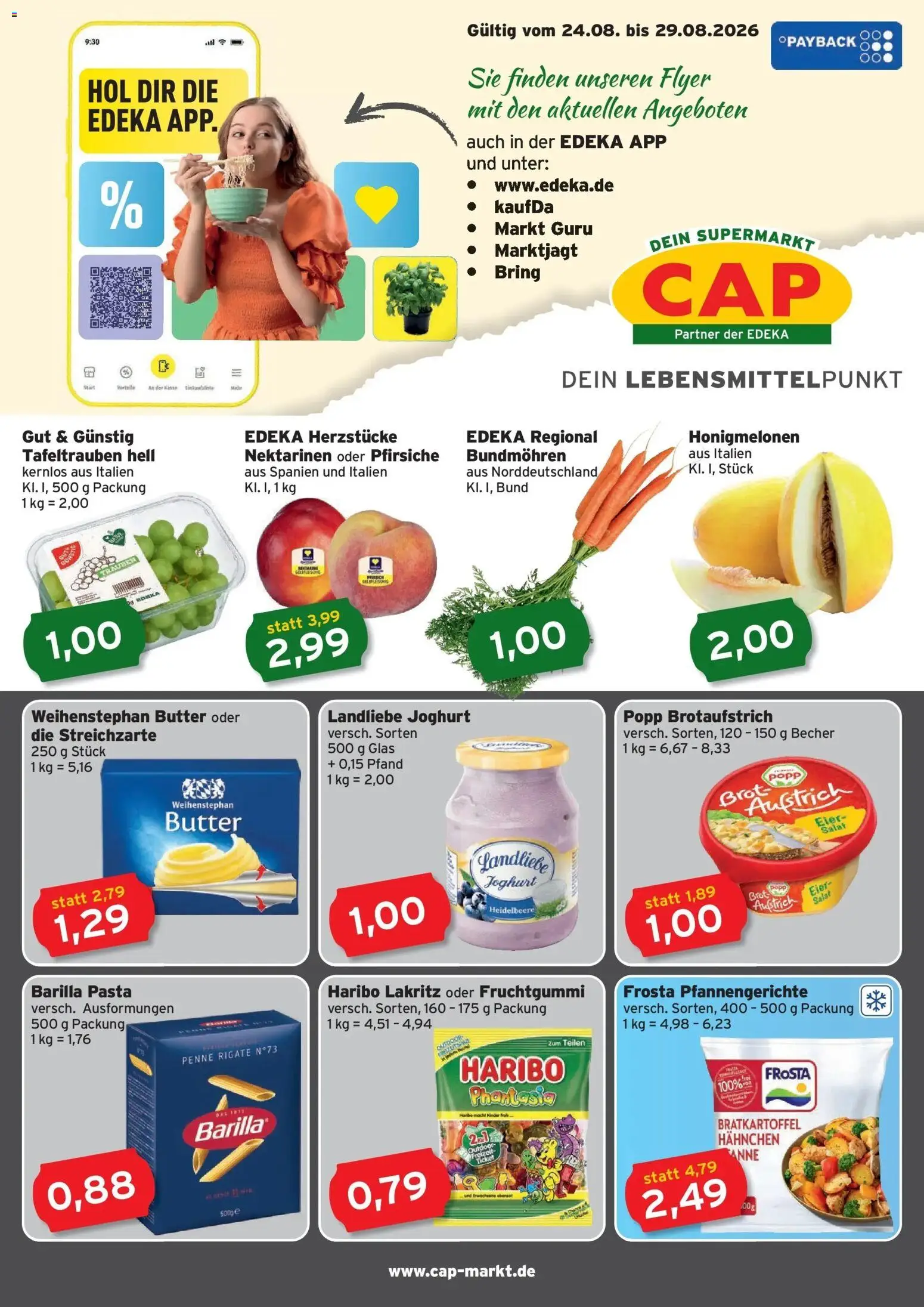CAP Markt Prospekt Güstrow – gültig ab 24.08.2026 | Seite: 1 | Produkte: Barilla, Pasta, Brot, Salat