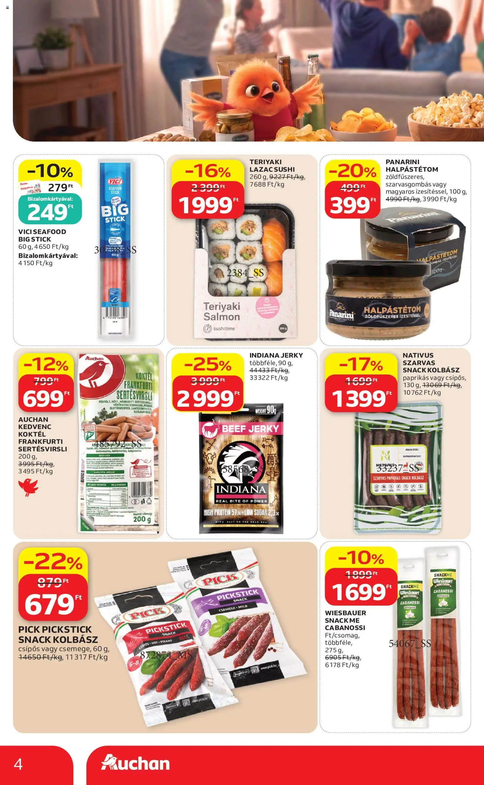 Auchan akciós ujság - amely érvényes a következő dátumtól: 2026.07.09. | Oldal: 4 | Termékek: Kolbász, Pick, Protein, Lazac