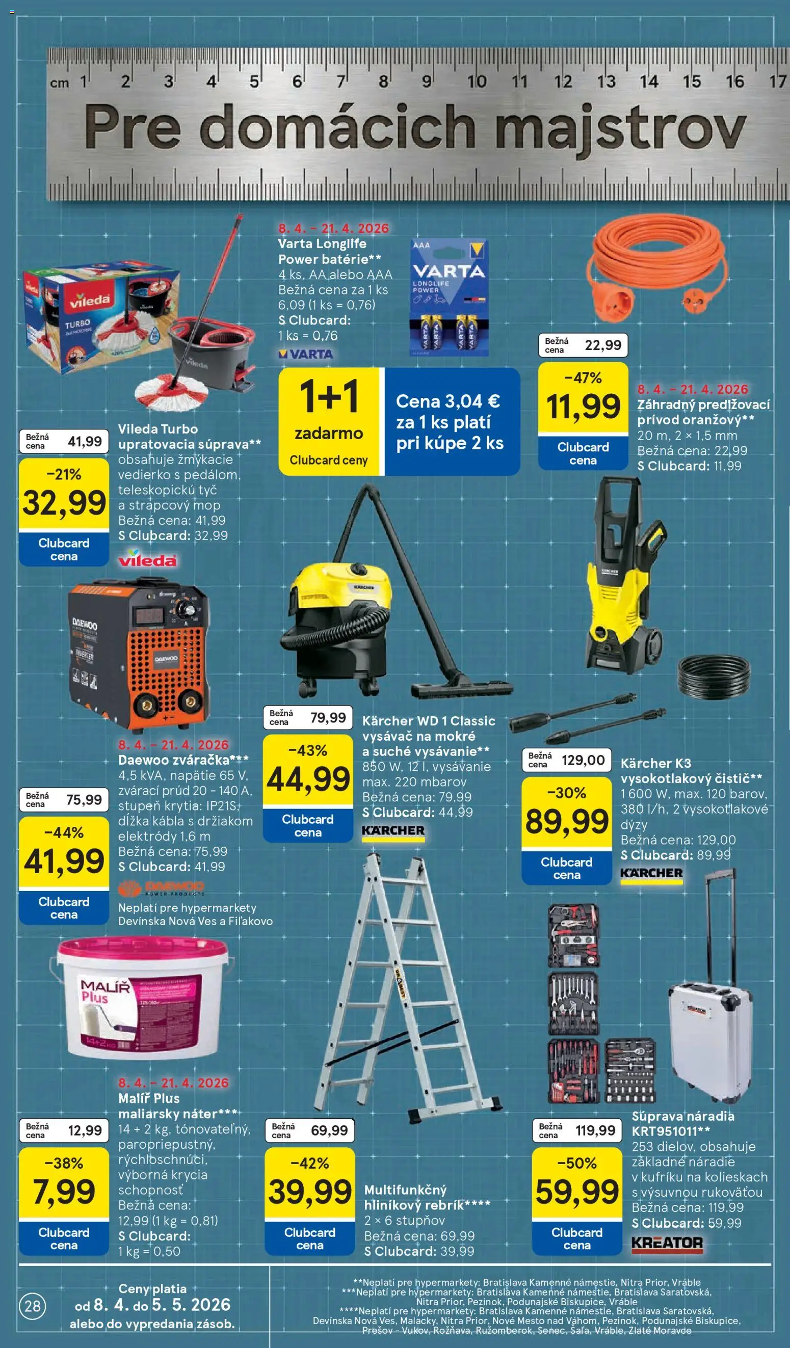 Nové Tesco akcie – leták je platný od 08.04.2026 | Strana: 28 | Produkty: Zváračka, Náradie, Vysávač