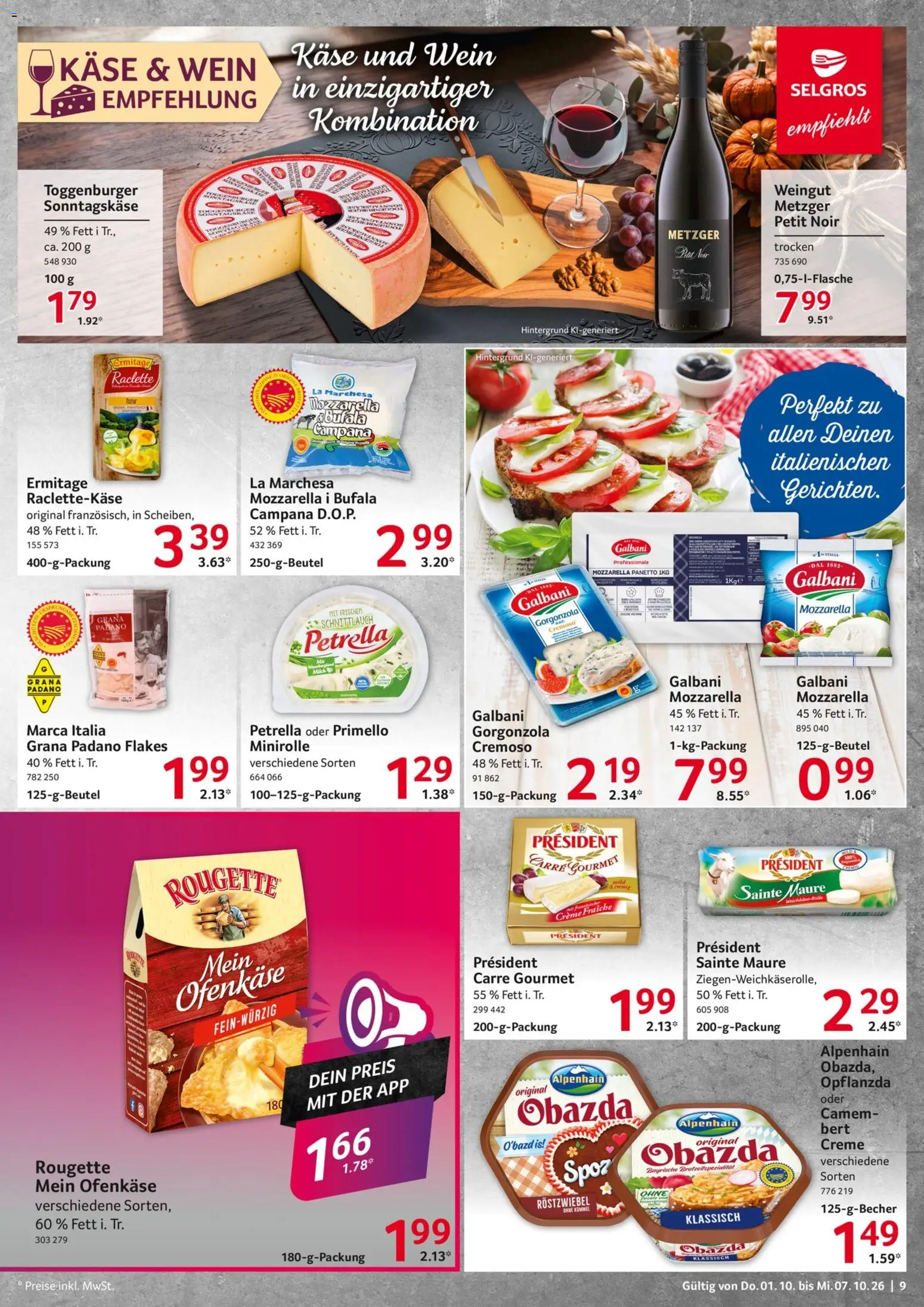 Selgros Prospekt – gültig ab 01.10.2026 | Seite: 9 | Produkte: Grana Padano, Käse, Raclettekäse, Creme