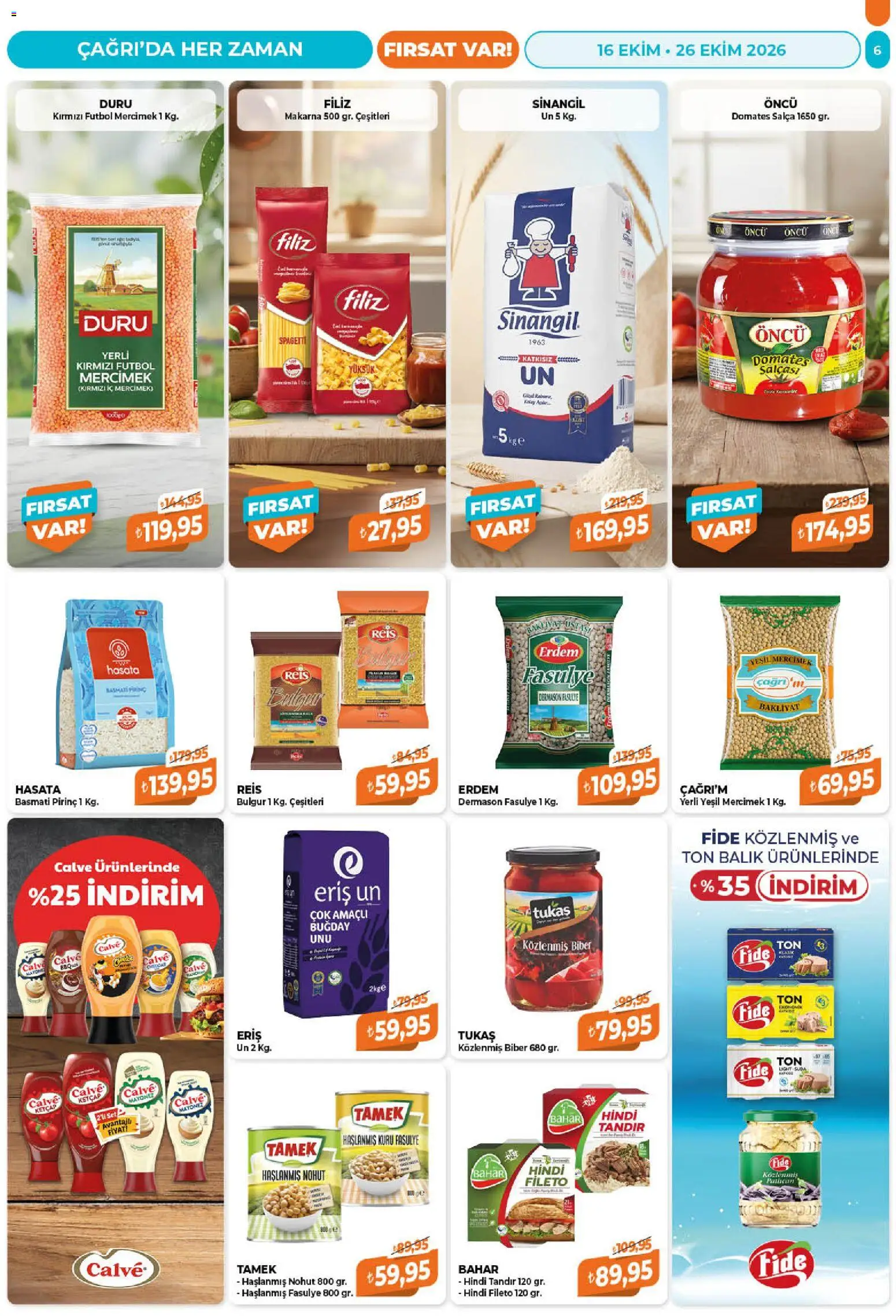 Çağrı Market Katalog - 16 Ekim 2026 tarihinden itibaren geçerlidir | Sayfa: 6 | Ürünler: Fasulye, Domates, Balık, Makarna