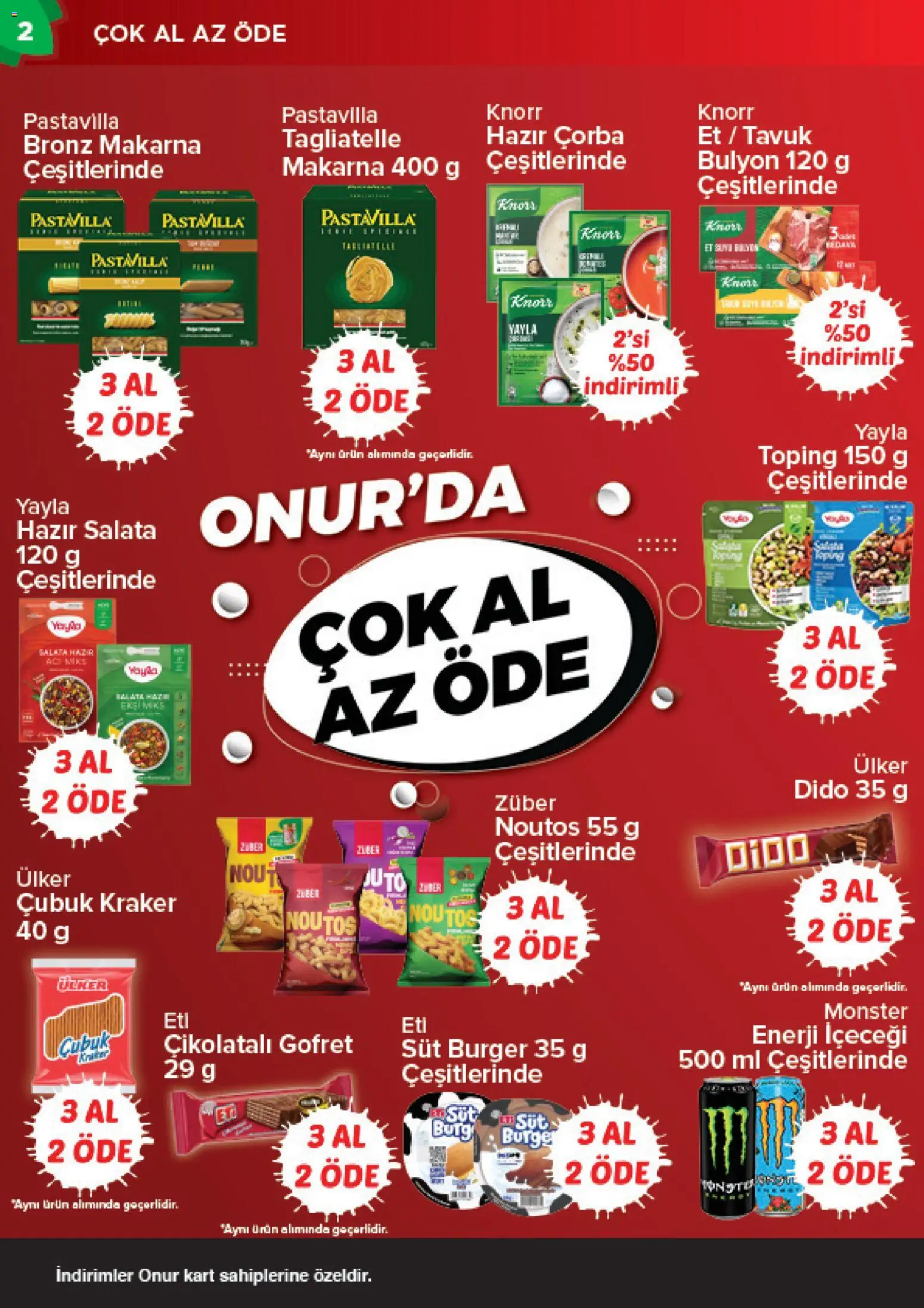 Onur Market Katalog - 13 Ekim 2026 tarihinden itibaren geçerlidir | Sayfa: 2 | Ürünler: Çikolatalı gofret, Makarna, Salata, Enerji içeceği