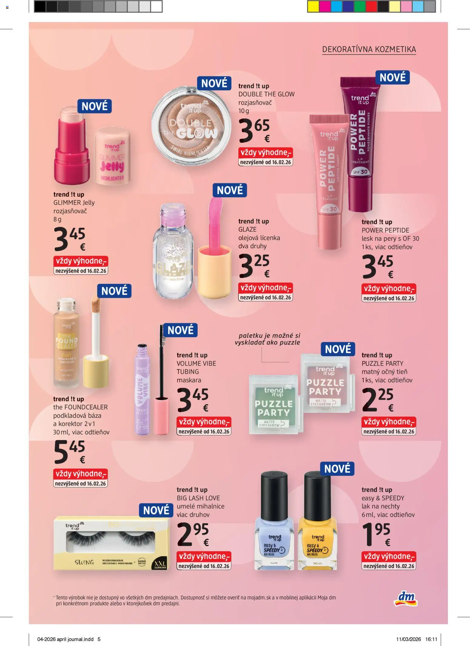 Nové dm drogerie akcie – leták je platný od 01.04.2026 | Strana: 5 | Produkty: Lícenka, Rozjasňovač, Lesk na pery, Lak na nechty