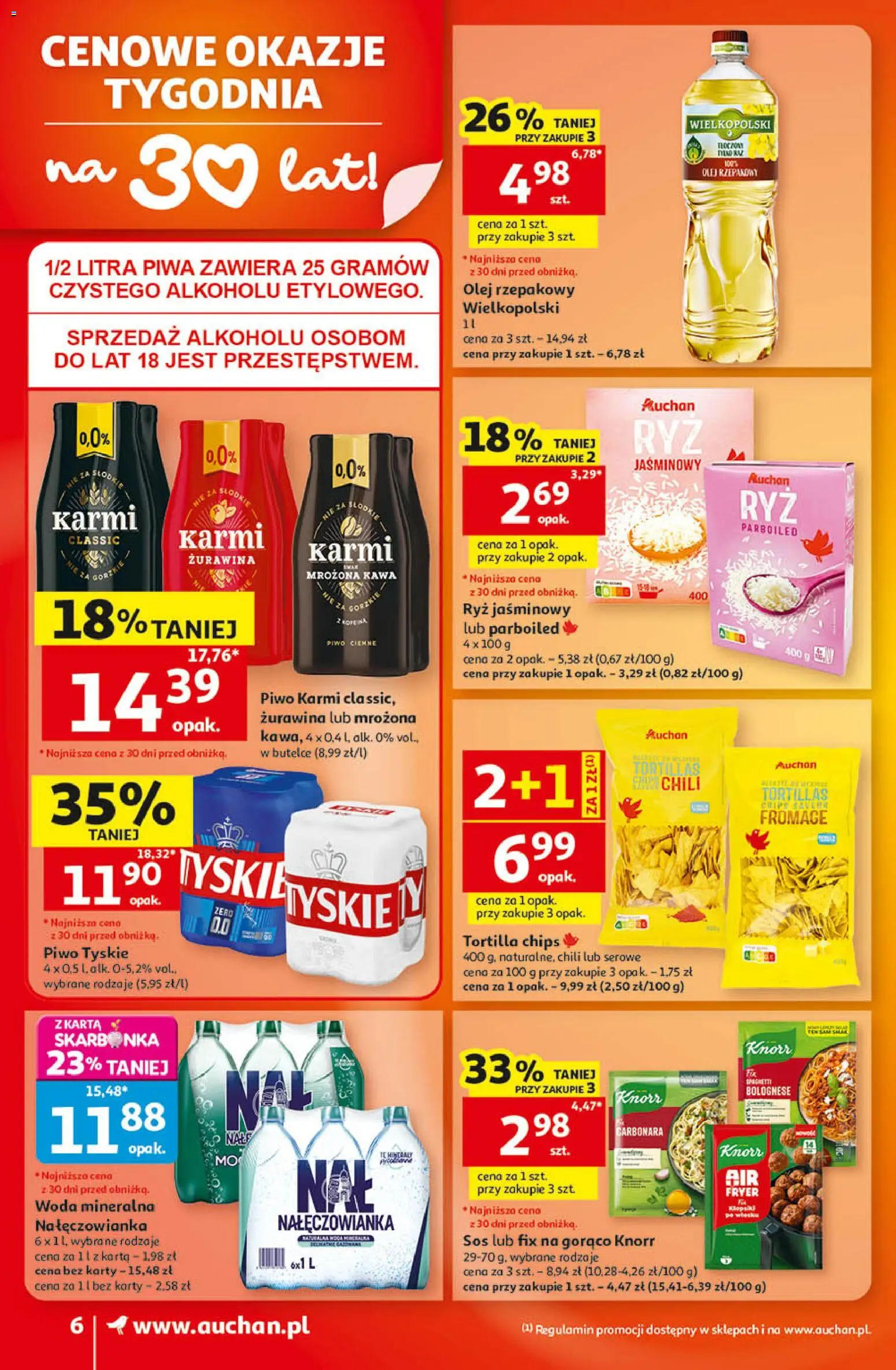 Auchan gazetka od 22.10.2026 | Strona: 6 | Produkty: Tortilla chips, Karta, Piwo tyskie, Olej rzepakowy