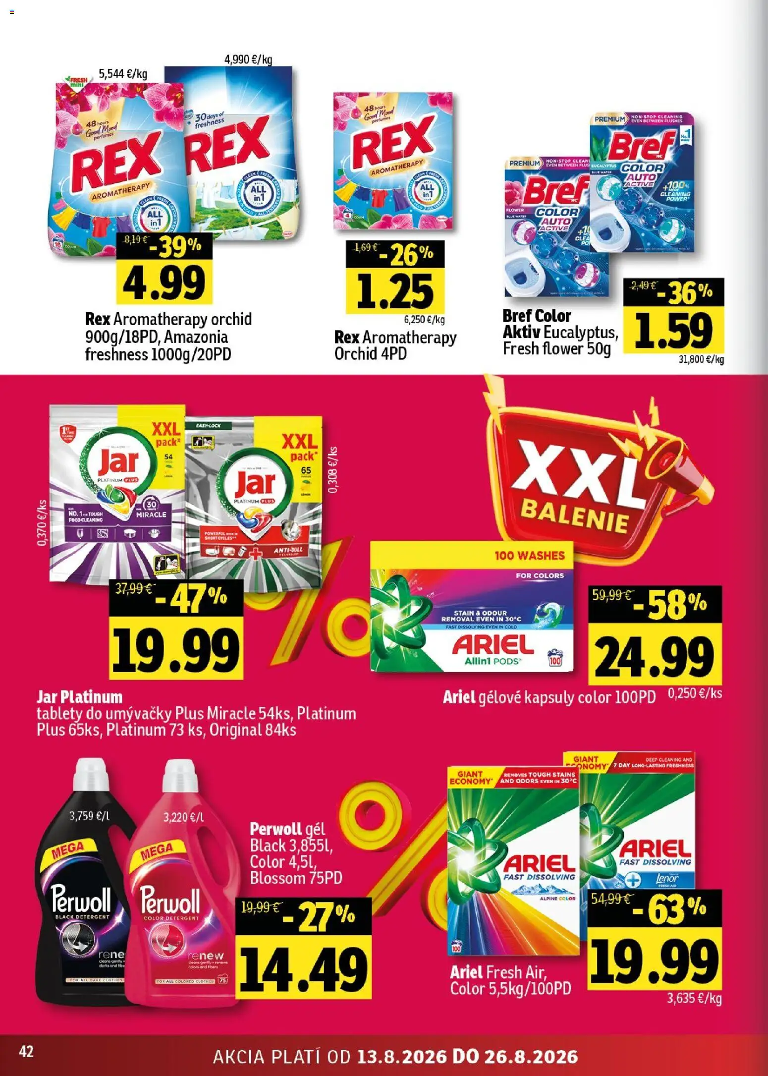 Nové Fresh akcie – leták je platný od 13.08.2026 | Strana: 42 | Produkty: Tablety do umývačky, Ariel, Jar, Lenor