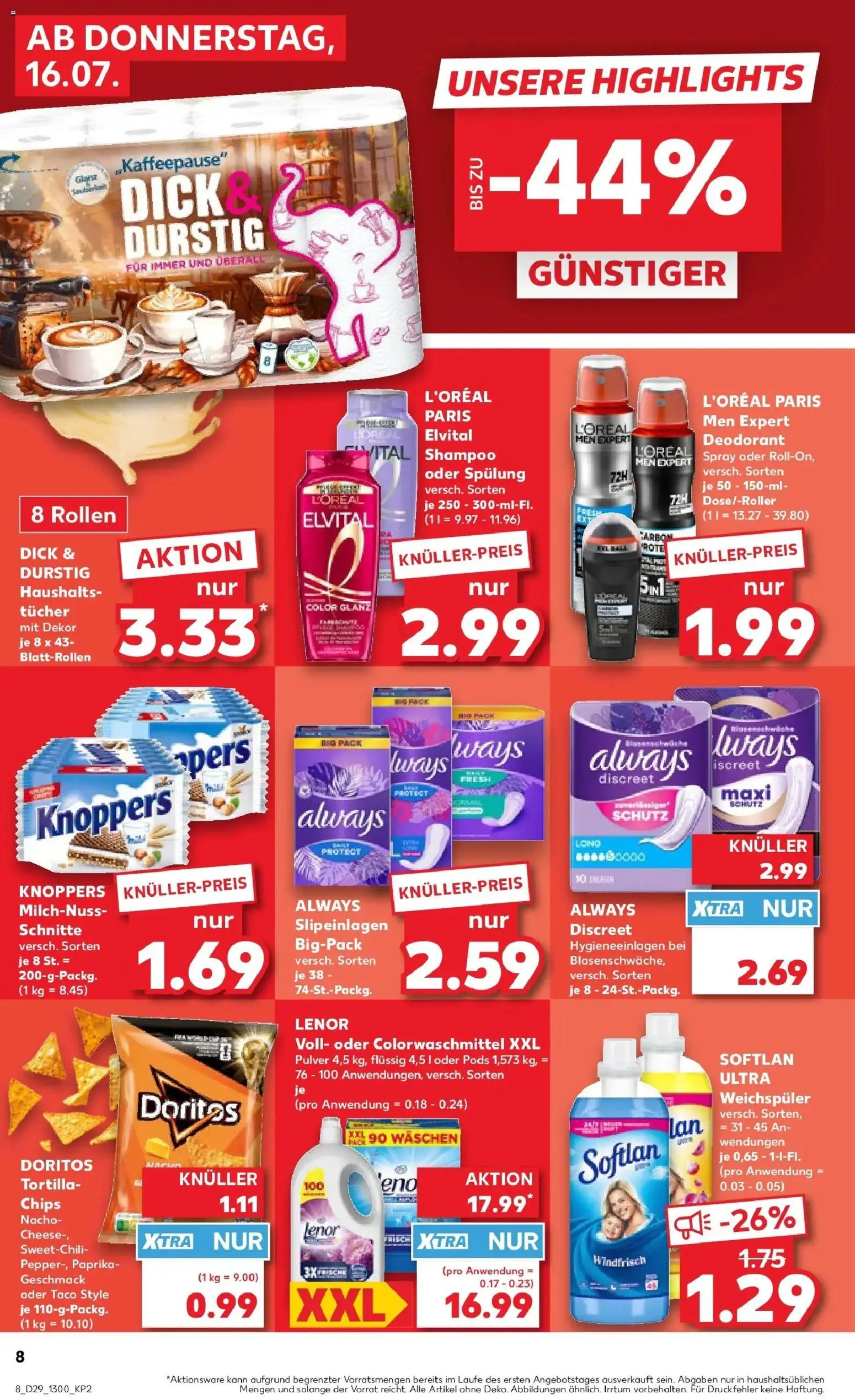Kaufland Prospekt Kerpen – gültig ab 16.07.2026 | Seite: 8 | Produkte: Lenor, Deodorant, Weichspüler, Knoppers
