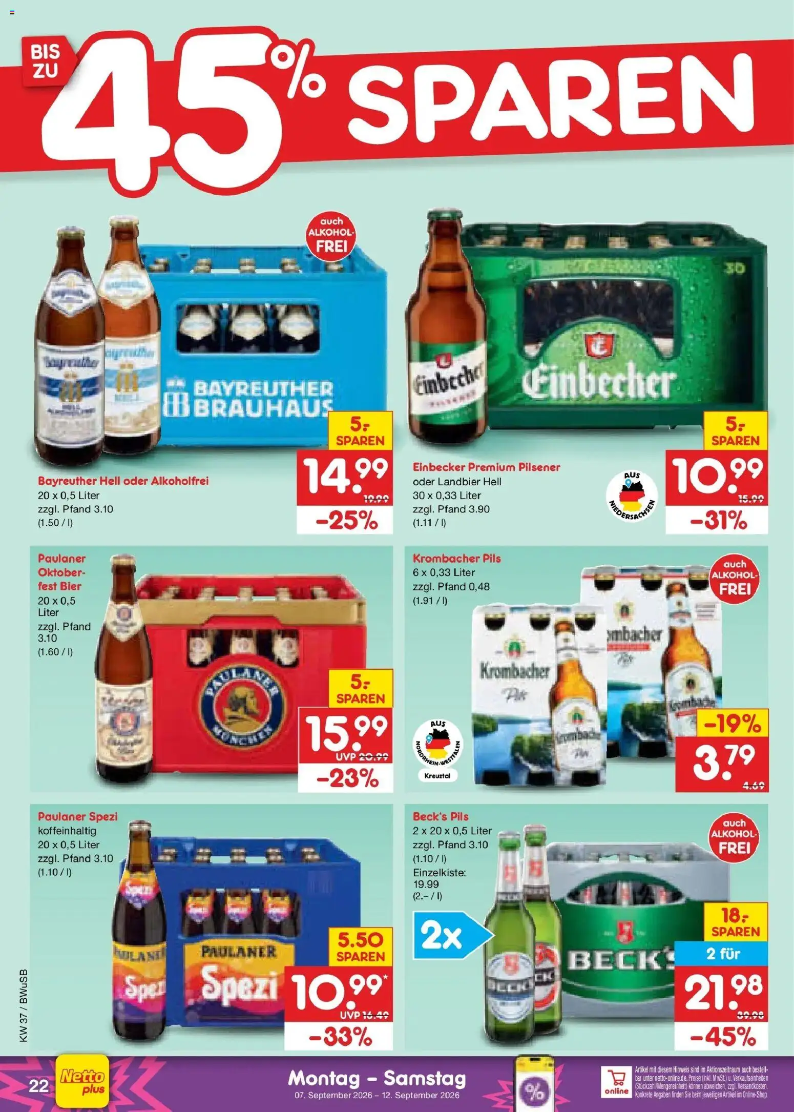 Netto Marken-Discount Prospekt Bielefeld – gültig ab 07.09.2026 | Seite: 30 | Produkte: Bayreuther hell, Paulaner spezi, Krombacher, Paulaner