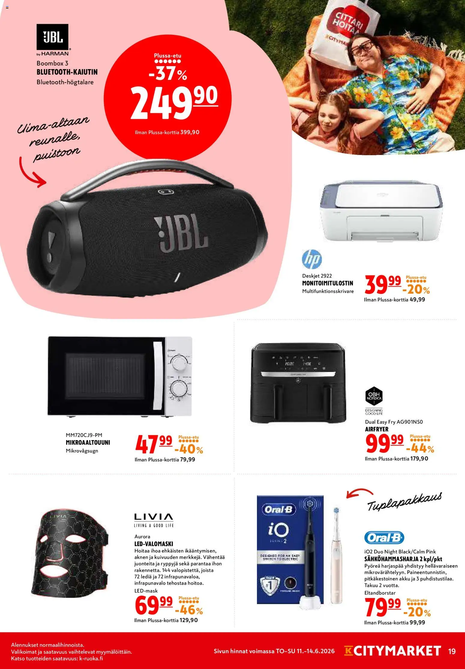 K-Citymarket tarjoukset – voimassa 11.06.2026 alkaen | Sivu: 19 | Tuotteet: Mikroaaltouuni, Sähköhammasharja, Akku, Boombox