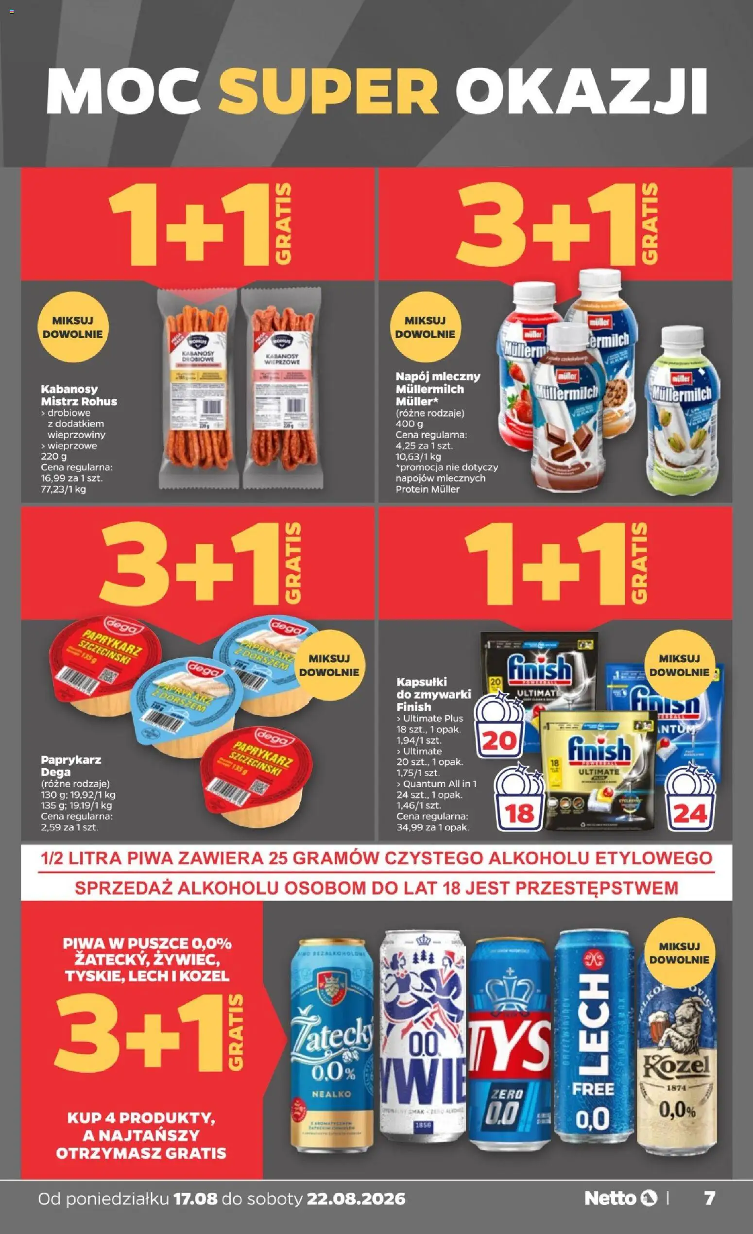 Netto gazetka od poniedziałku od 17.08.2026 | Strona: 7 | Produkty: Lech, Paprykarz szczeciński, Kabanosy wieprzowe, Kapsułki do zmywarki