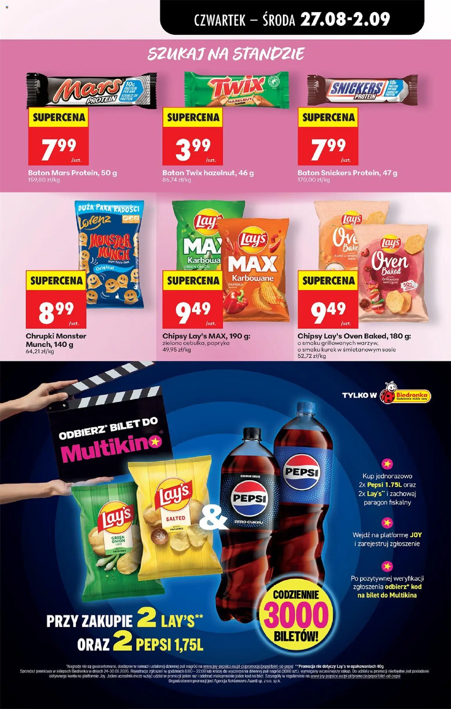 Biedronka gazetka od czwartku od 27.08.2026 | Strona: 65 | Produkty: Chrupki, Pepsi, Snickers, Baton Mars