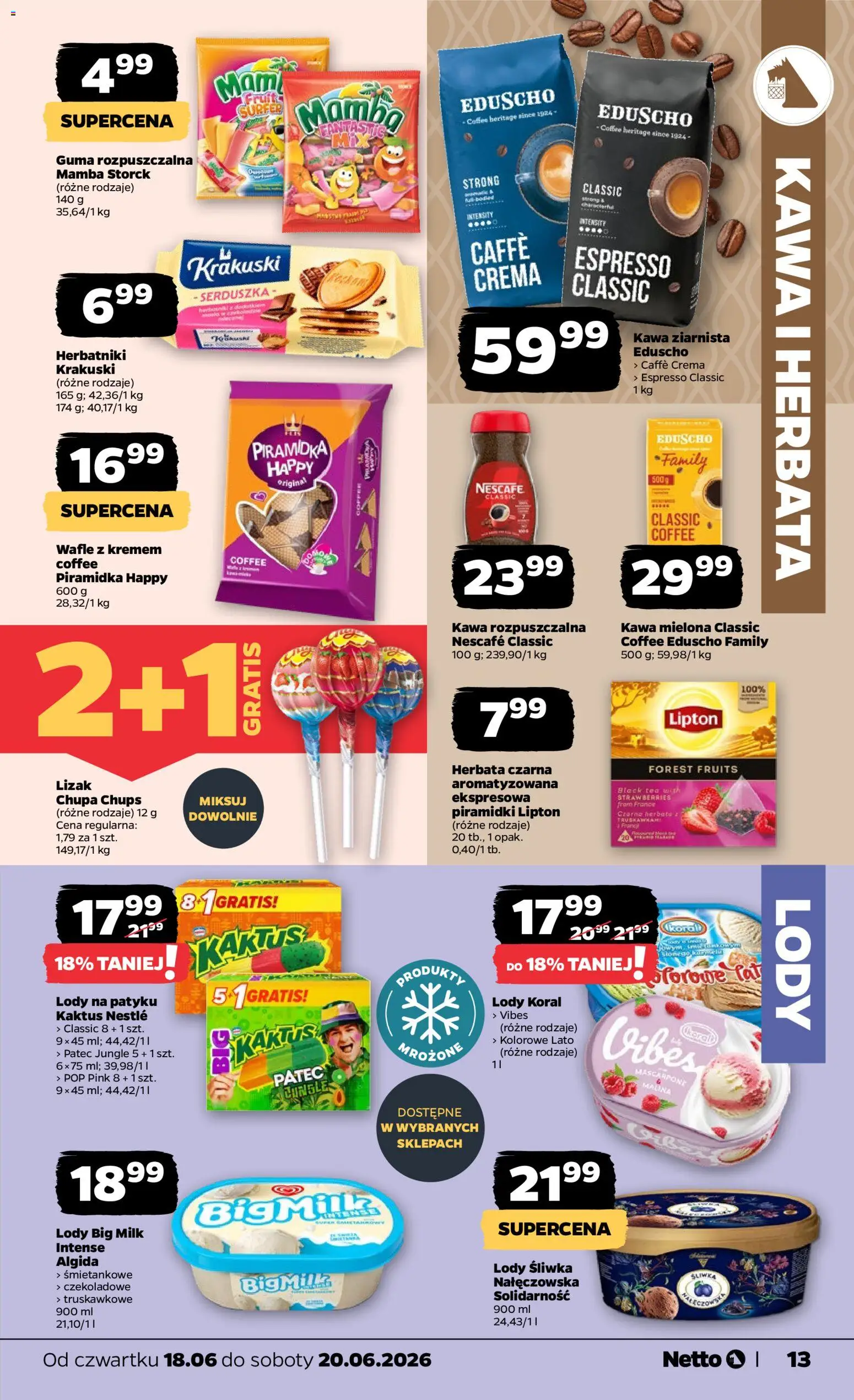 Netto gazetka od czwartku spożywcza od 18.06.2026 | Strona: 13 | Produkty: Wafle, Lody na patyku, Lody koral, Kawa