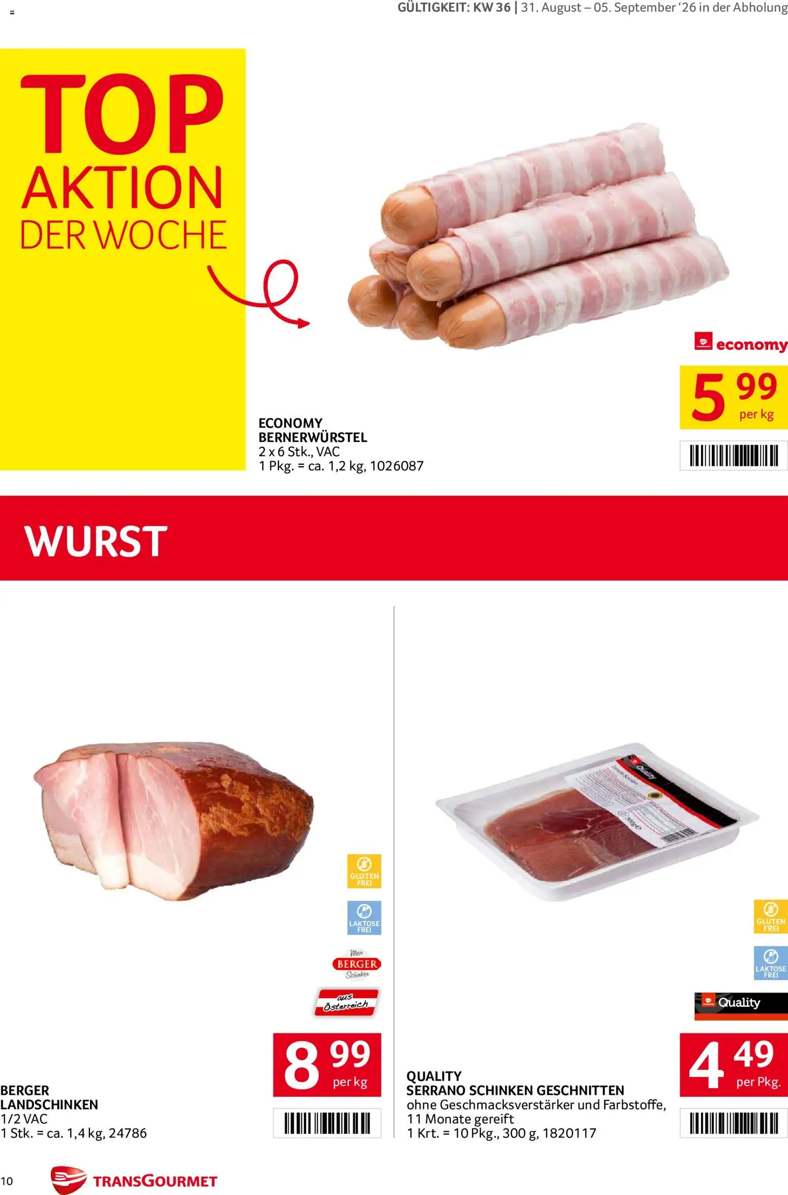 Transgourmet Flugblatt gültig ab 31.08.2026 | Seite: 10 | Produkte: Wurst, Schinken