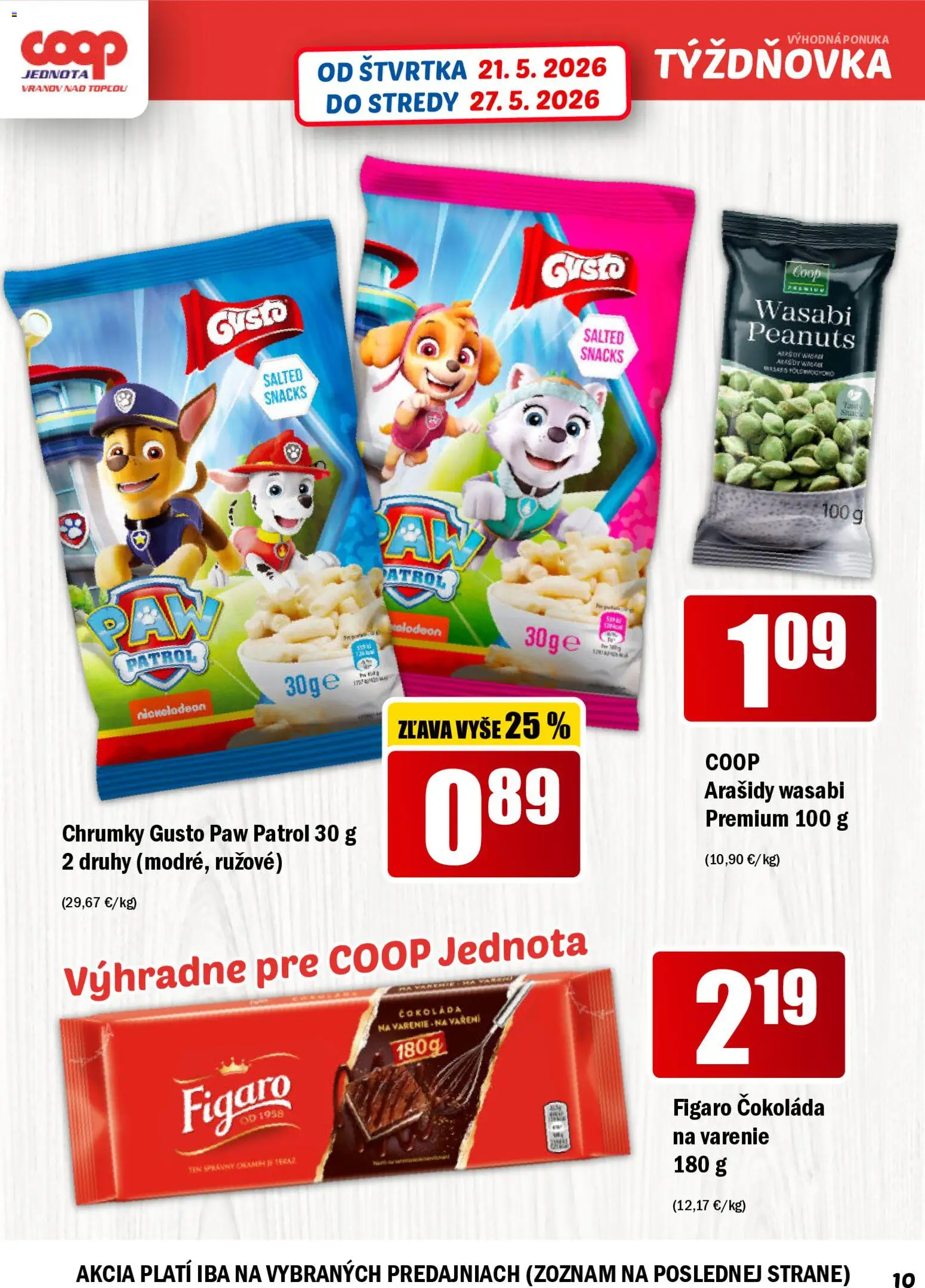 Nové COOP Jednota akcie – leták je platný od 21.05.2026 | Strana: 10 | Produkty: Čokoláda, Arašidy