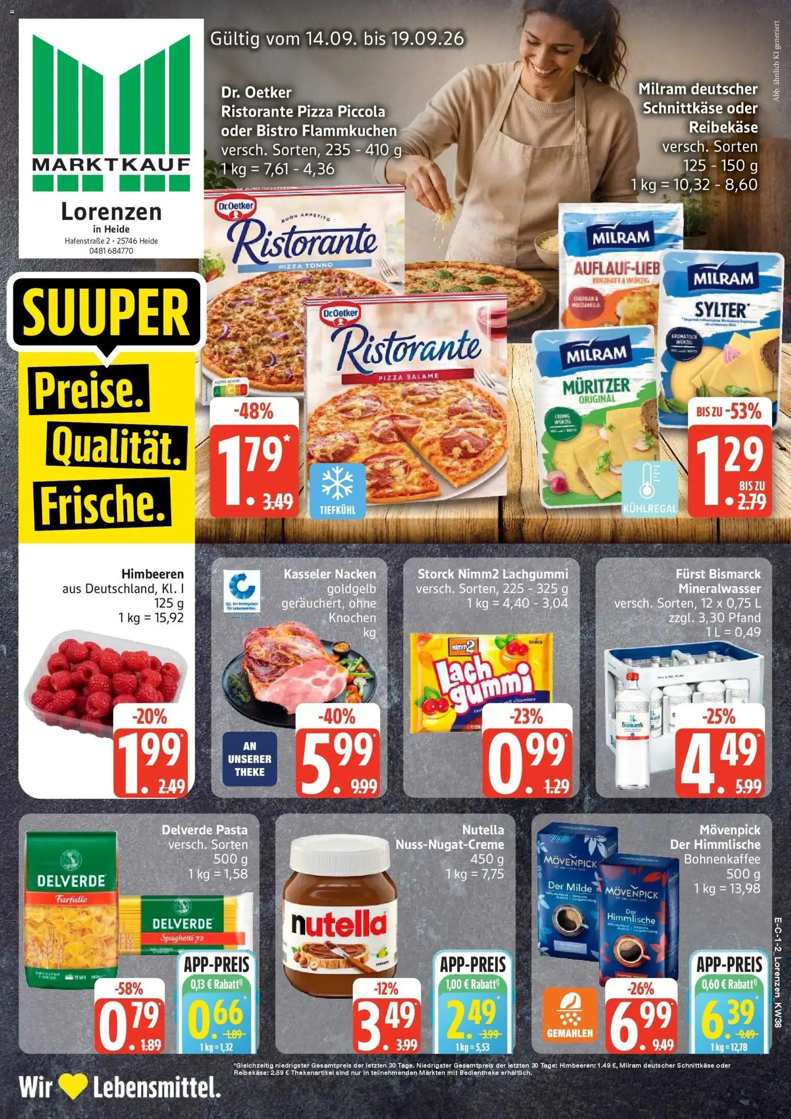 Marktkauf Prospekt Heide (ab 14.09.2026) » Angebote online | Seite: 1 | Produkte: Spaghetti, Nutella, Milram, Reibekase