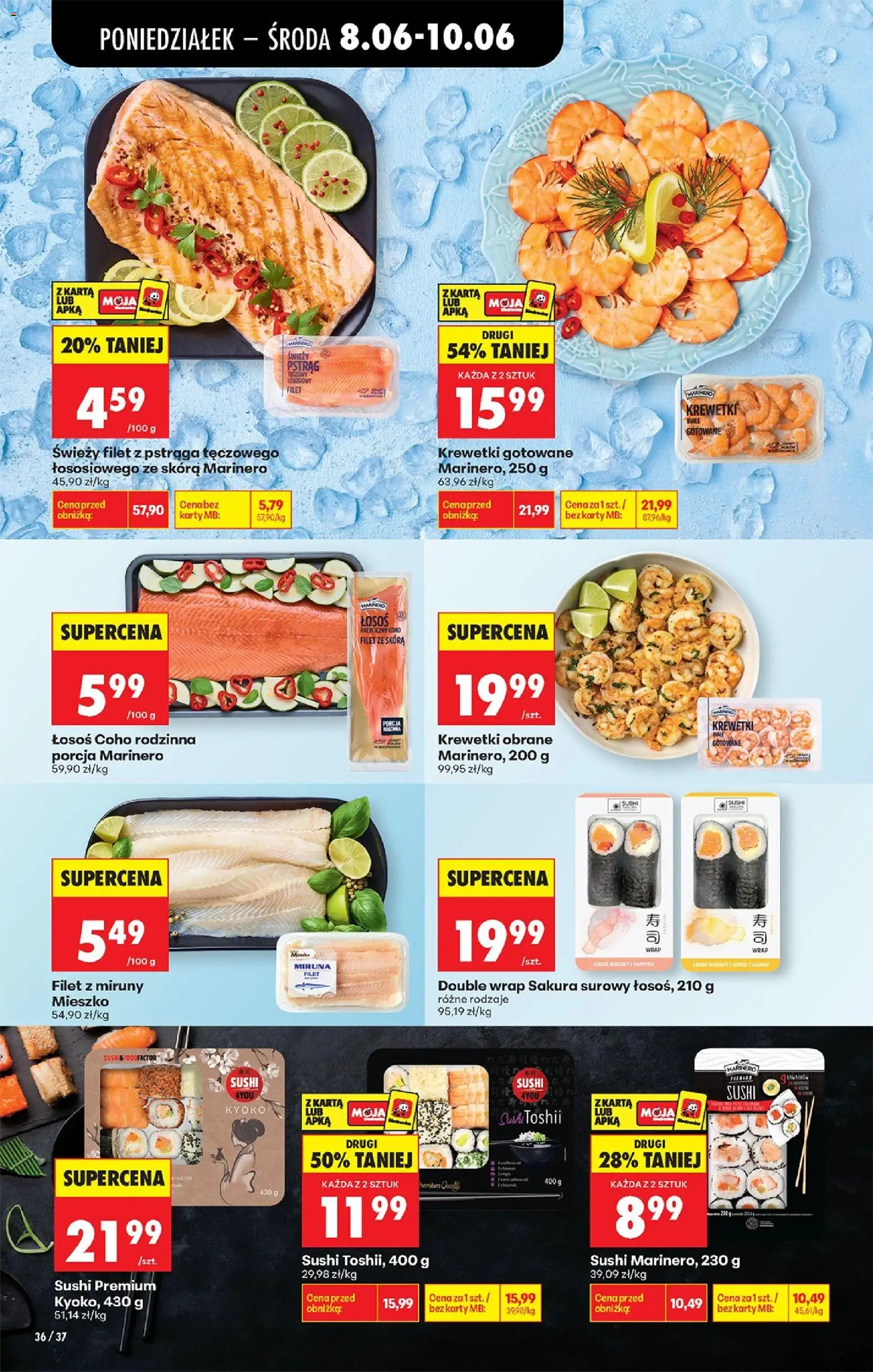 Biedronka gazetka od poniedziałku od 08.06.2026 | Strona: 40 | Produkty: Karta, Łosoś surowy, Krewetki, Sushi