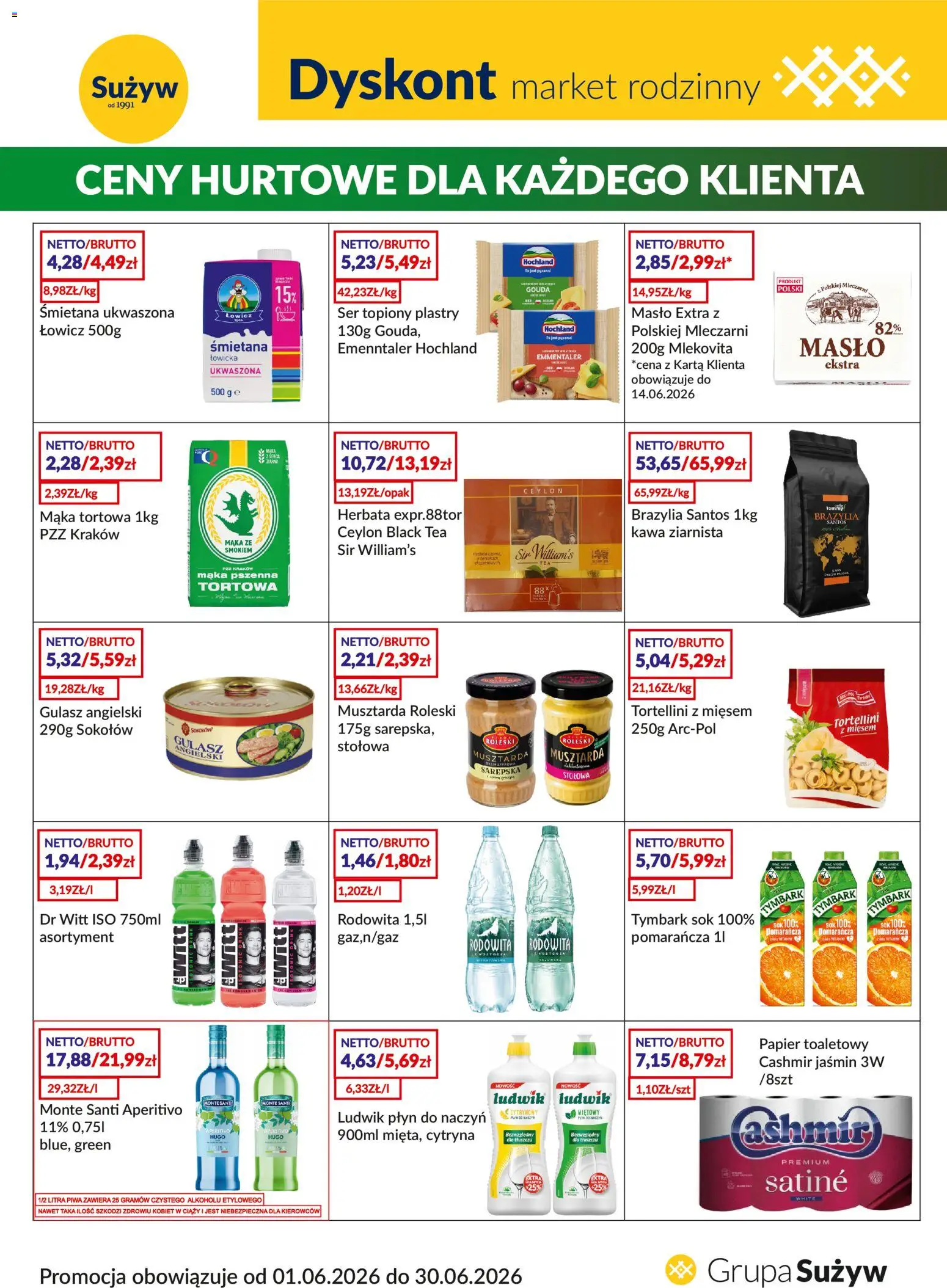 Sużyw gazetka - Dyskont od 01.06.2026 | Strona: 1 | Produkty: Tortellini z mięsem, Musztarda, Monte Santi, Kawa