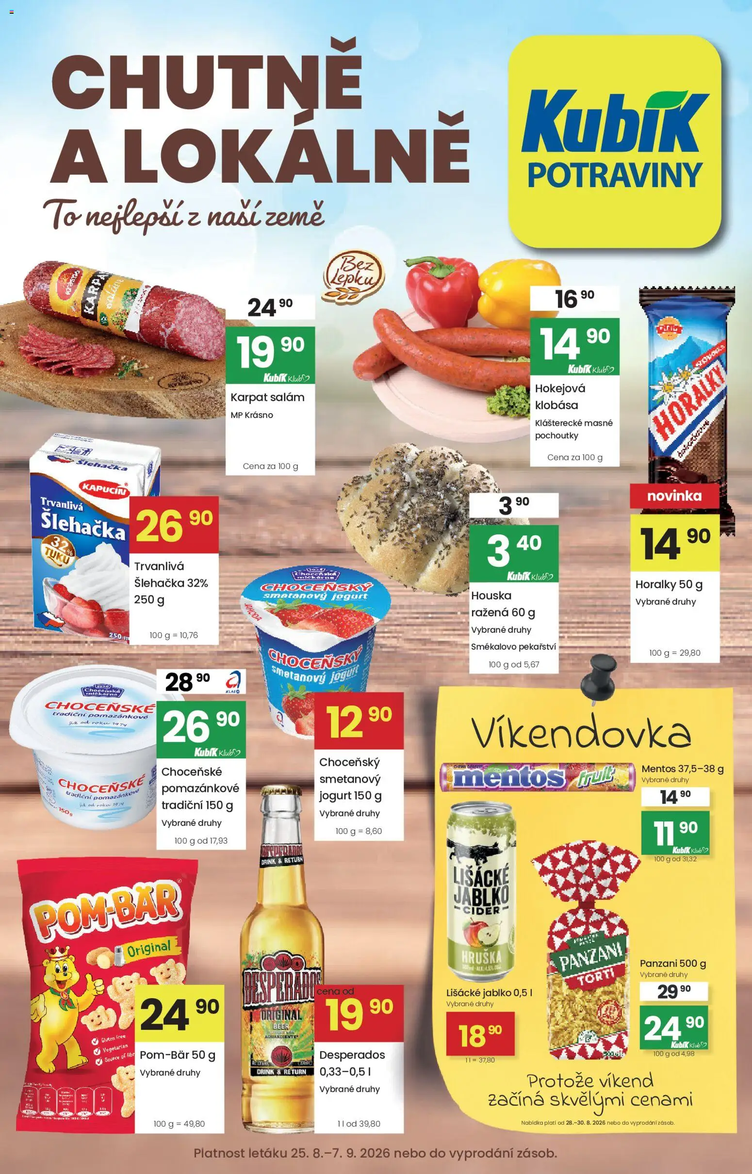 Kubík leták od 25.08.2026 | Strana: 1 | Produkty: Smetanový jogurt, Jogurt, Salám, Horalky